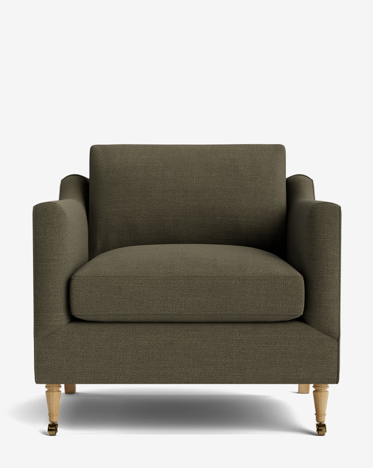 The Haverford Upholstered Lounge Chair features olive green fabric, square arms, and wooden legs—two with brass caster wheels—combining modern style and comfort against a plain white background by McGee & Co.