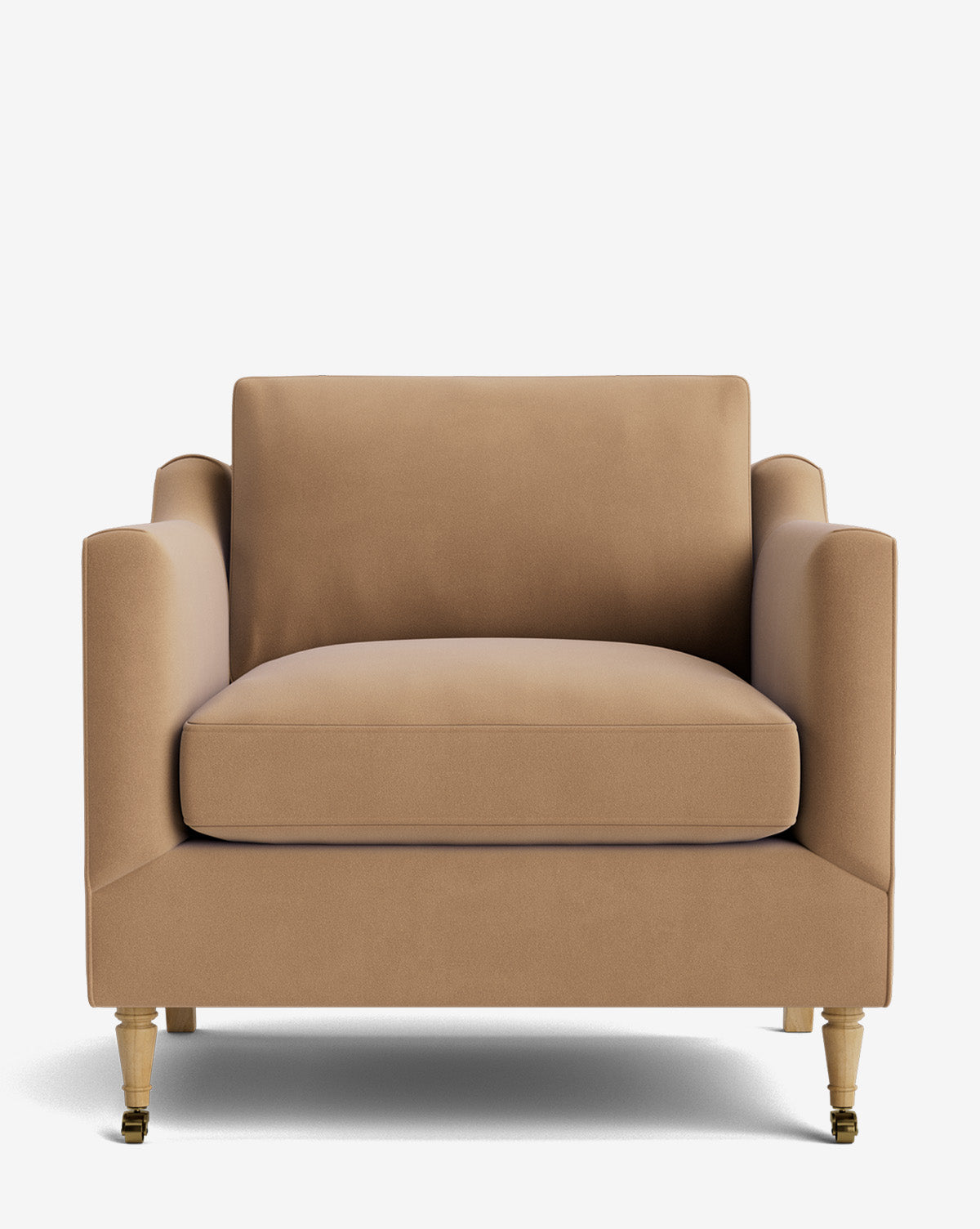 The Haverford Upholstered Lounge Chair features light brown fabric, square armrests, and wooden legs with brass casters, displayed against a plain white background by McGee & Co.