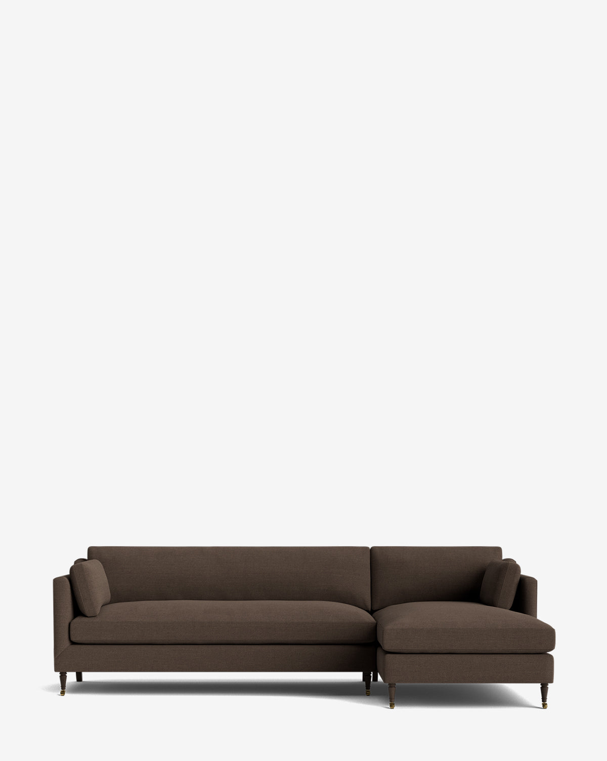 The Haverford Upholstered Right Chaise Sectional by Rowe Fine Furniture is a modern dark brown L-shaped sofa with slim legs and two matching cushions, shown against a plain white background. Vendixs