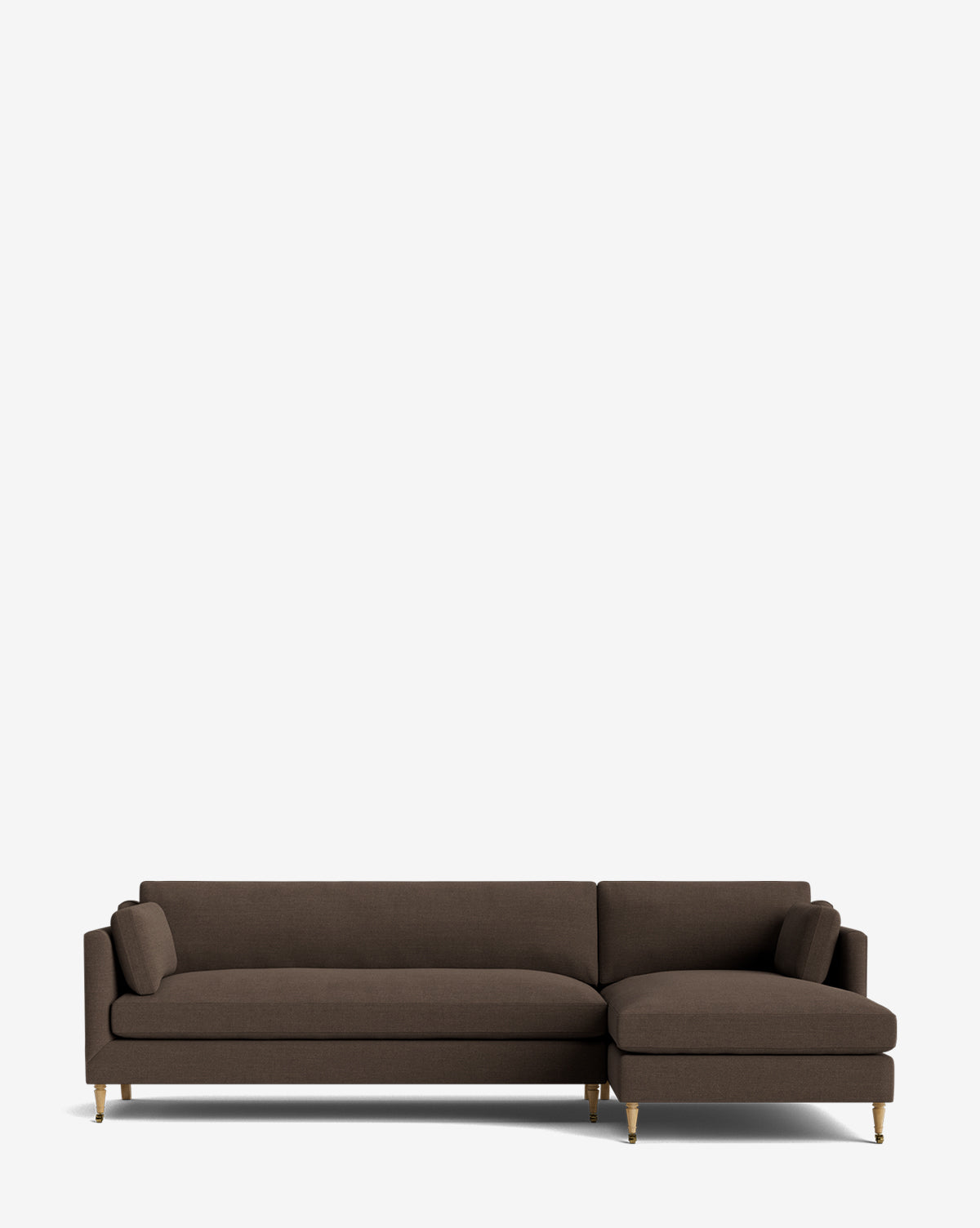 The Haverford Upholstered Right Chaise Sectional TEST deep [hidden] by Rowe Fine Furniture features a dark brown right-side chaise, slim armrests, and short wooden legs, shown against a plain white background. Vendixs