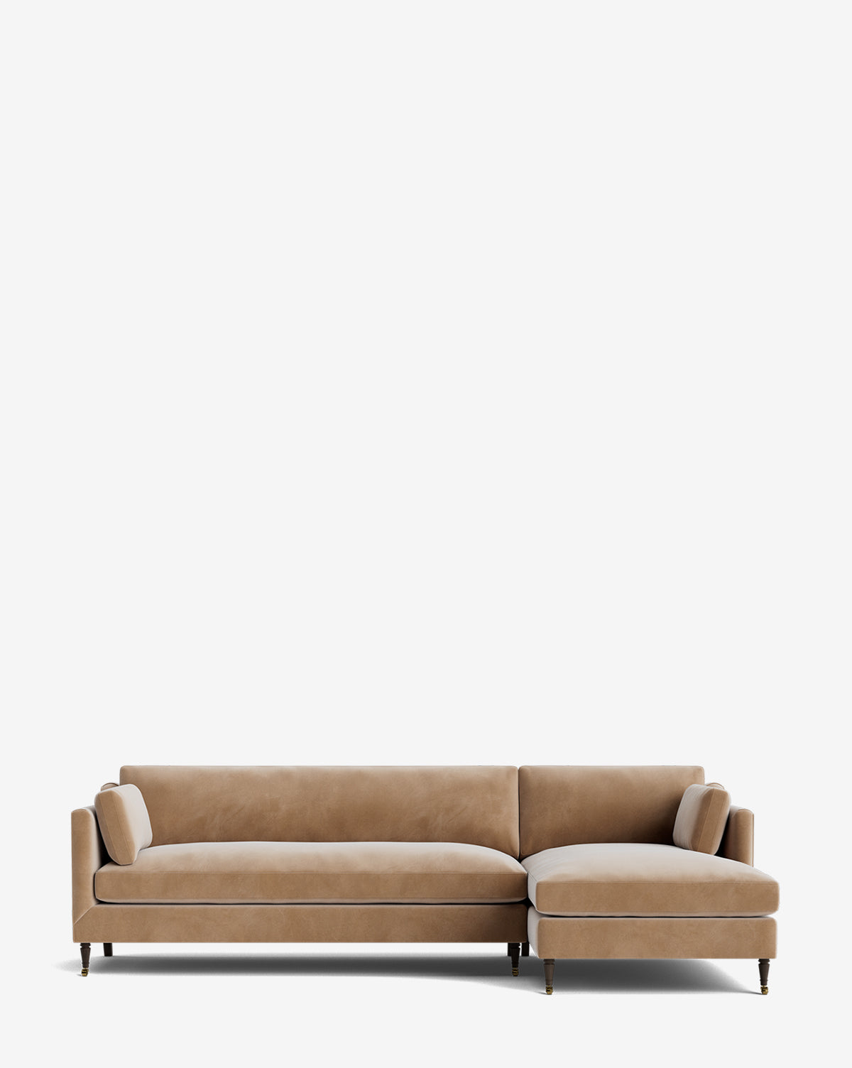 The Rowe Fine Furniture Haverford Upholstered Right Chaise Sectional features plush tan cushions, angled armrests, and wooden legs, shown against a plain white background. Vendixs