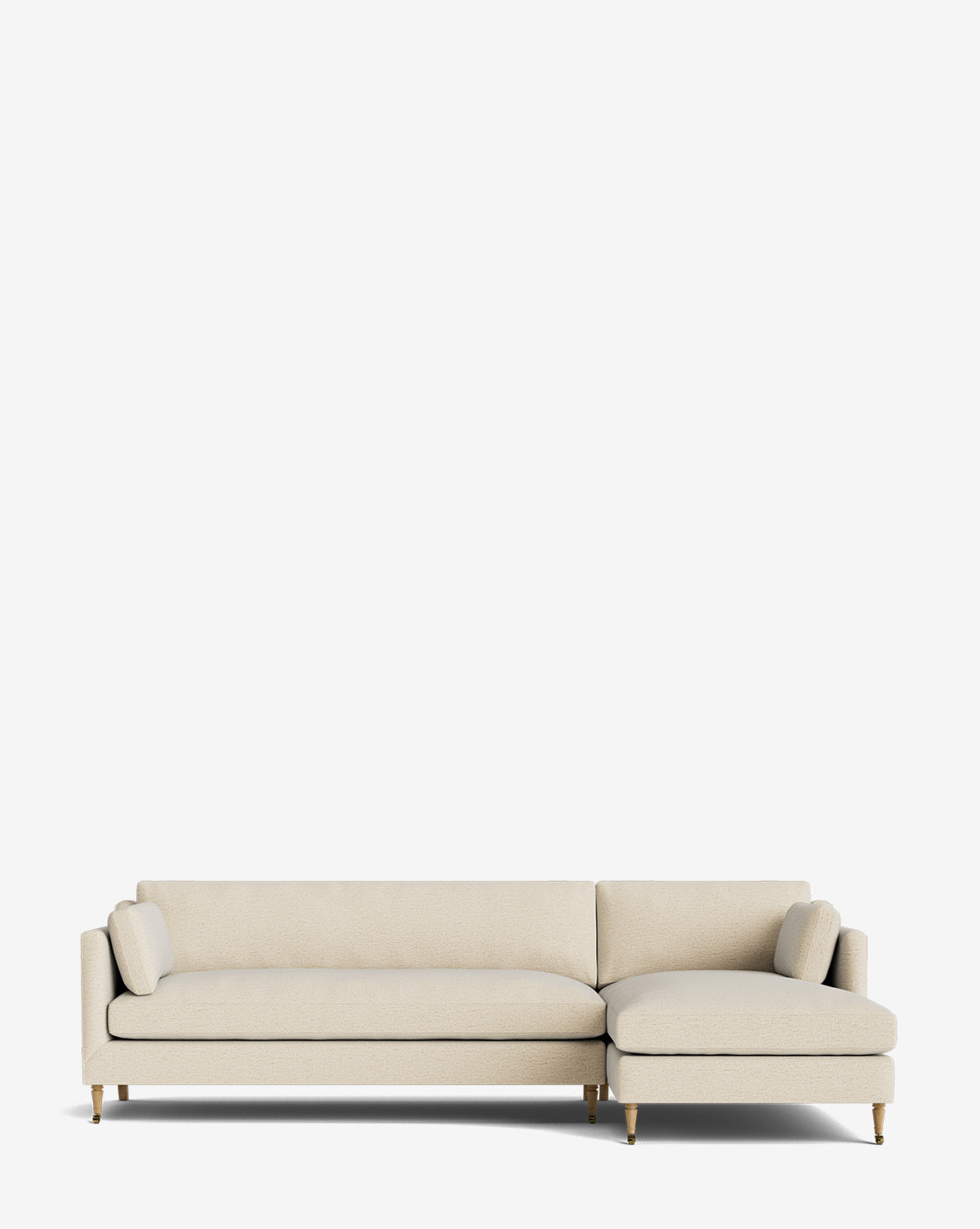 The Rowe Fine Furniture Haverford Upholstered Right Chaise Sectional TEST deep features a modern light beige design, wooden legs, two cylindrical cushions, and a customizable right chaise, shown against a plain white background. Vendixs