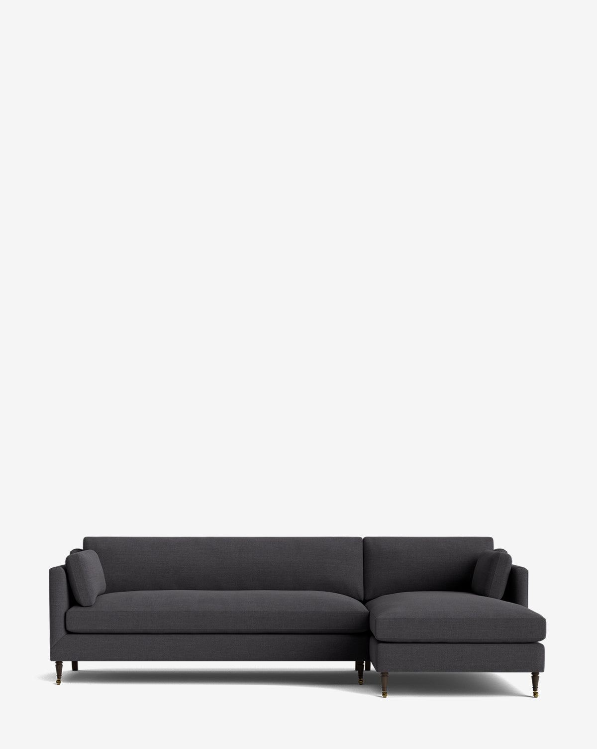 The Haverford Upholstered Right Chaise Sectional by Rowe Fine Furniture features modern dark gray fabric, slim legs, and a right chaise lounge, shown against a plain white background. Vendixs