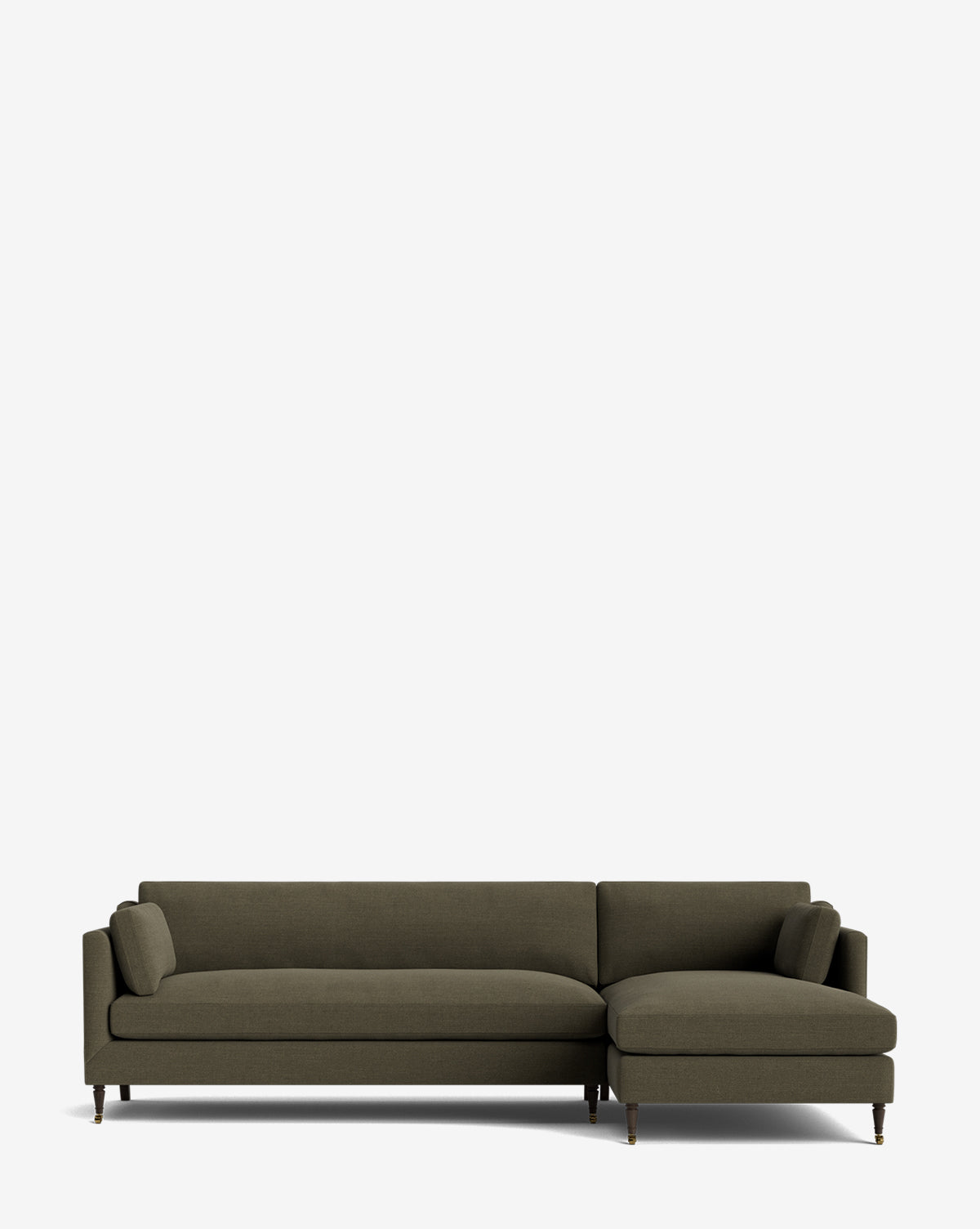 The Haverford Upholstered Right Chaise Sectional by Rowe Fine Furniture features a modern dark olive green fabric, minimalist design, wooden legs with metal caps, and a right-side chaise lounge, shown against a plain white background. Vendixs