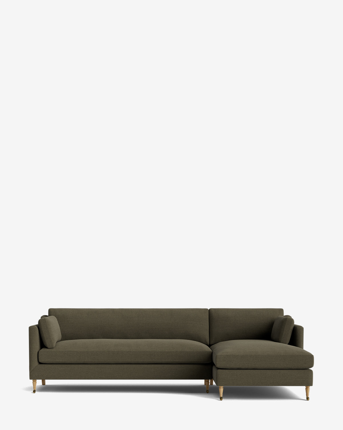 A dark olive green Haverford Upholstered Right Chaise Sectional by Rowe Fine Furniture features slim cushions, low armrests, and short wooden legs, set against a plain white background. Vendixs