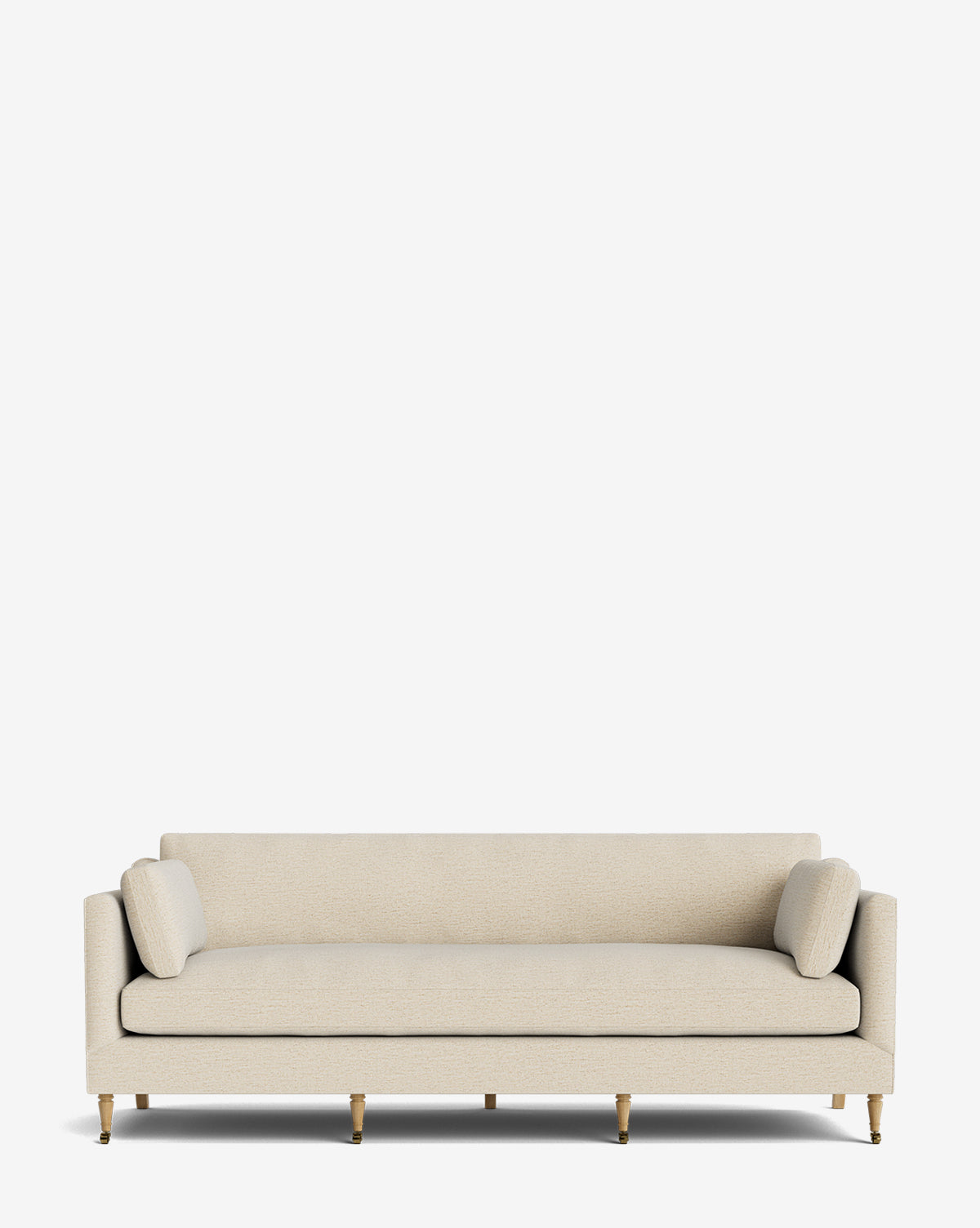 The Haverford Upholstered Sofa 90 showcases slim rectangular arms, two matching cylindrical cushions, and wooden legs with gold caster wheels, shown against a plain white background by Vendixs
