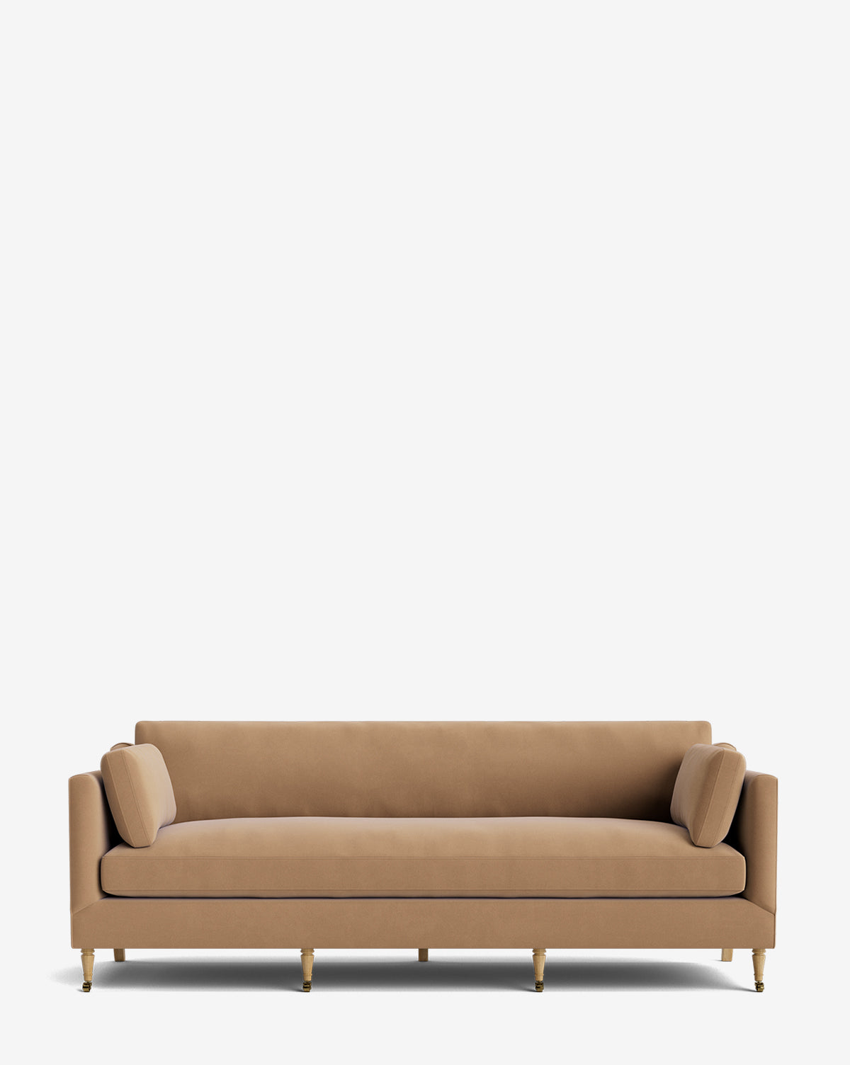 A tan, modern Haverford Upholstered Sofa 90 features clean lines, four wooden legs with gold tips, and two matching cylindrical cushions, shown against a plain white background by Vendixs