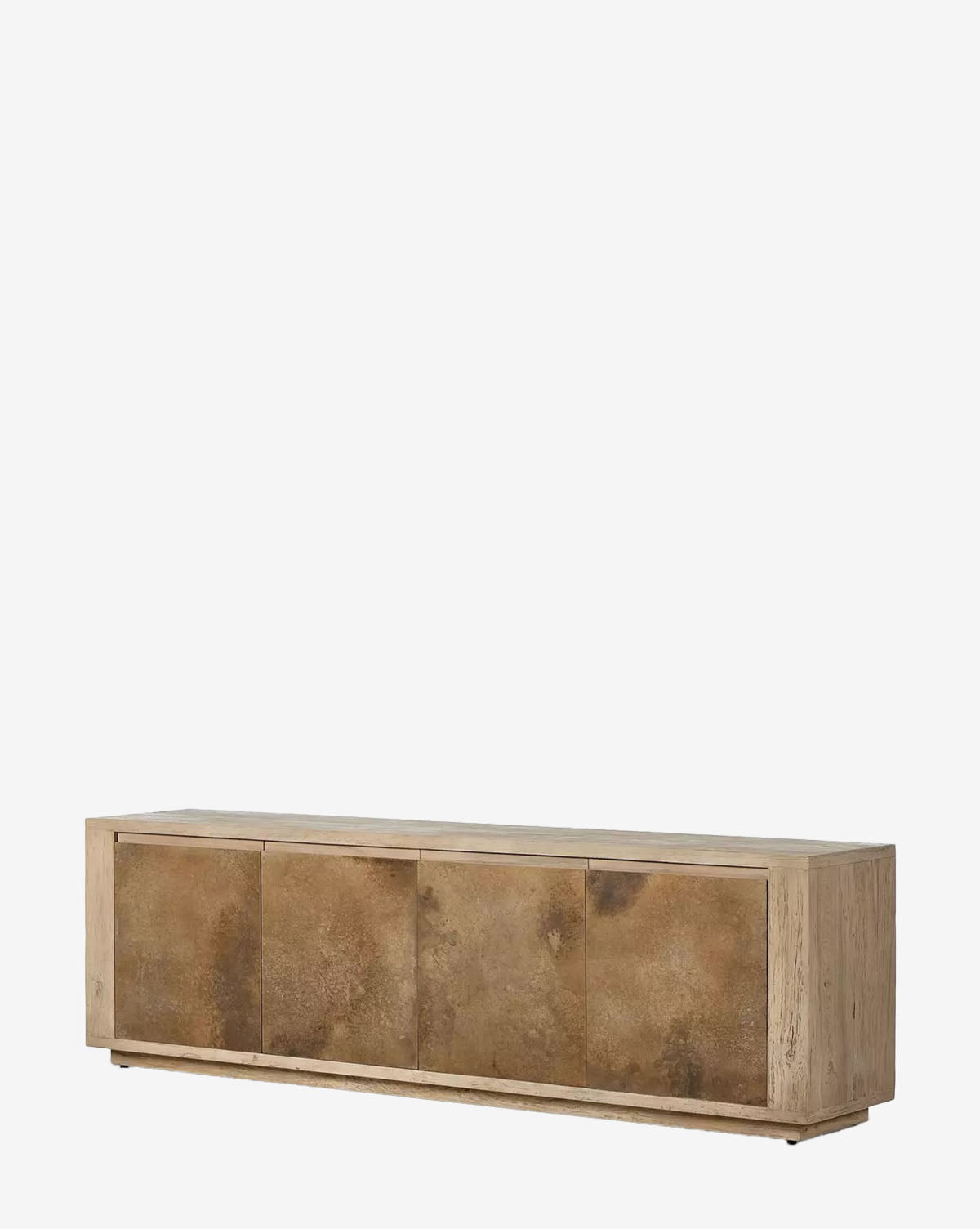 The Hayden Console features four doors with a textured mottled brown finish, a maple veneer frame, and a minimalist rectangular design resting on a flat base for a sleek, contemporary look, by Vendixs
