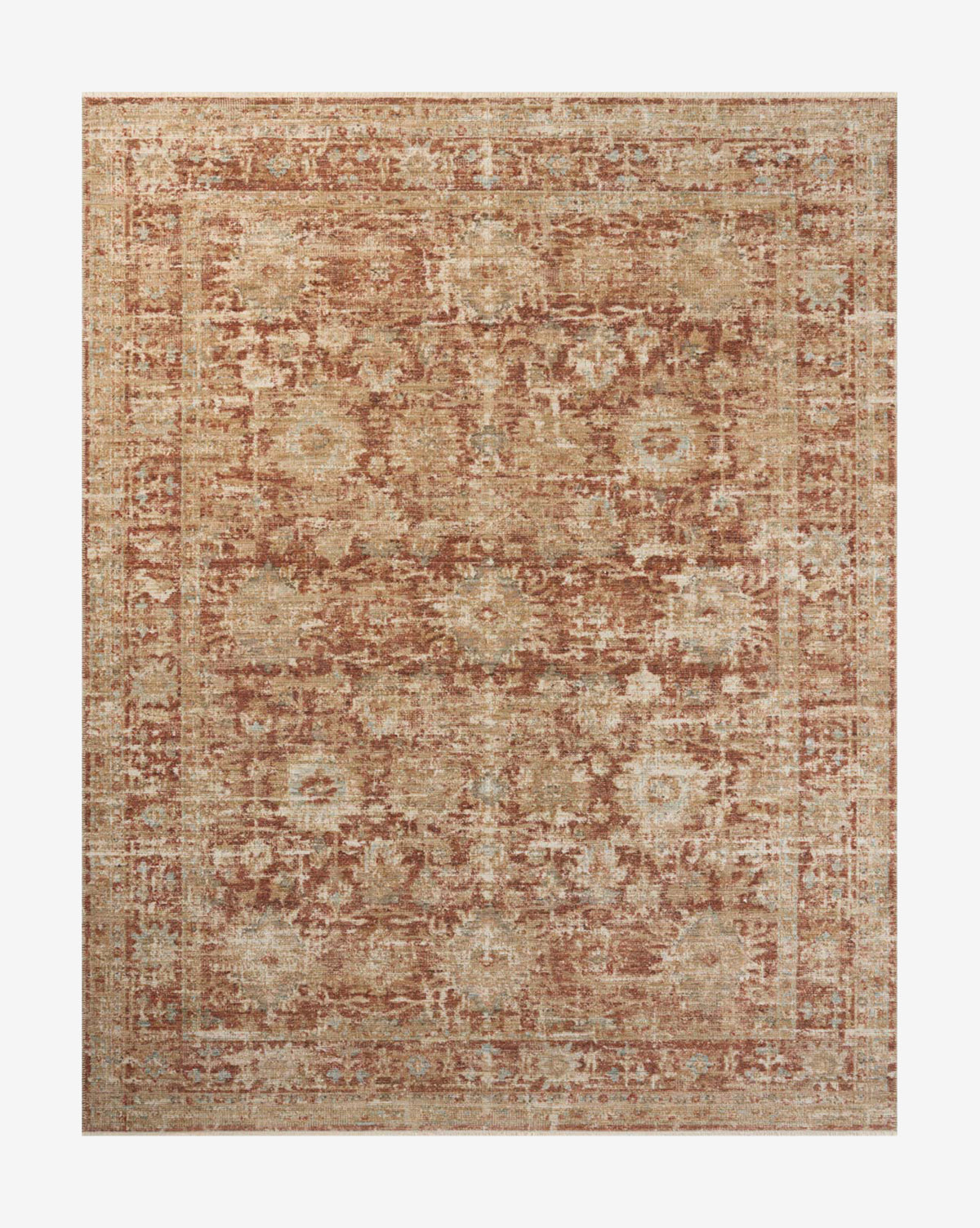 The Heatherington Brick Rug showcases a central medallion and ornate border with an intricate, vintage-inspired motif in earthy rust, beige, and tan tones, by Vendixs