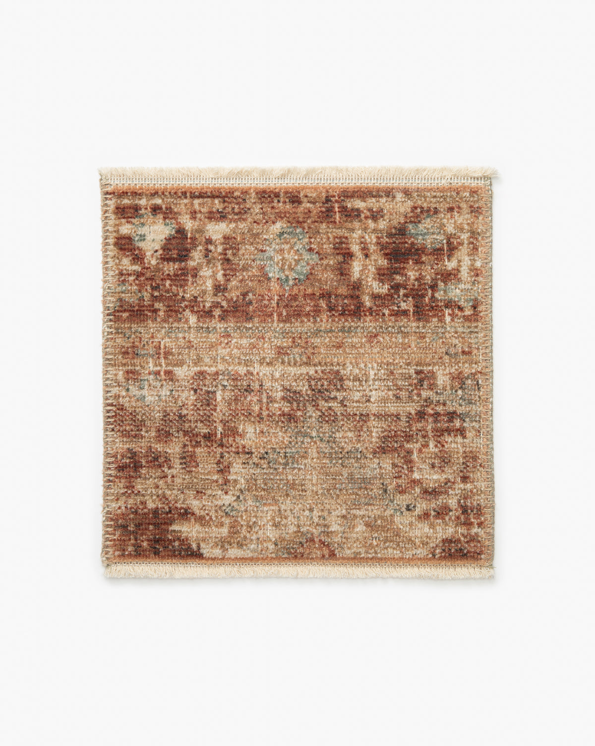 Heatherington Brick Rug Swatch: Square, vintage-style sample in warm earth tones with a faded floral and geometric motif, beige fringe on two sides, shown on a plain white background, by McGee & Co.