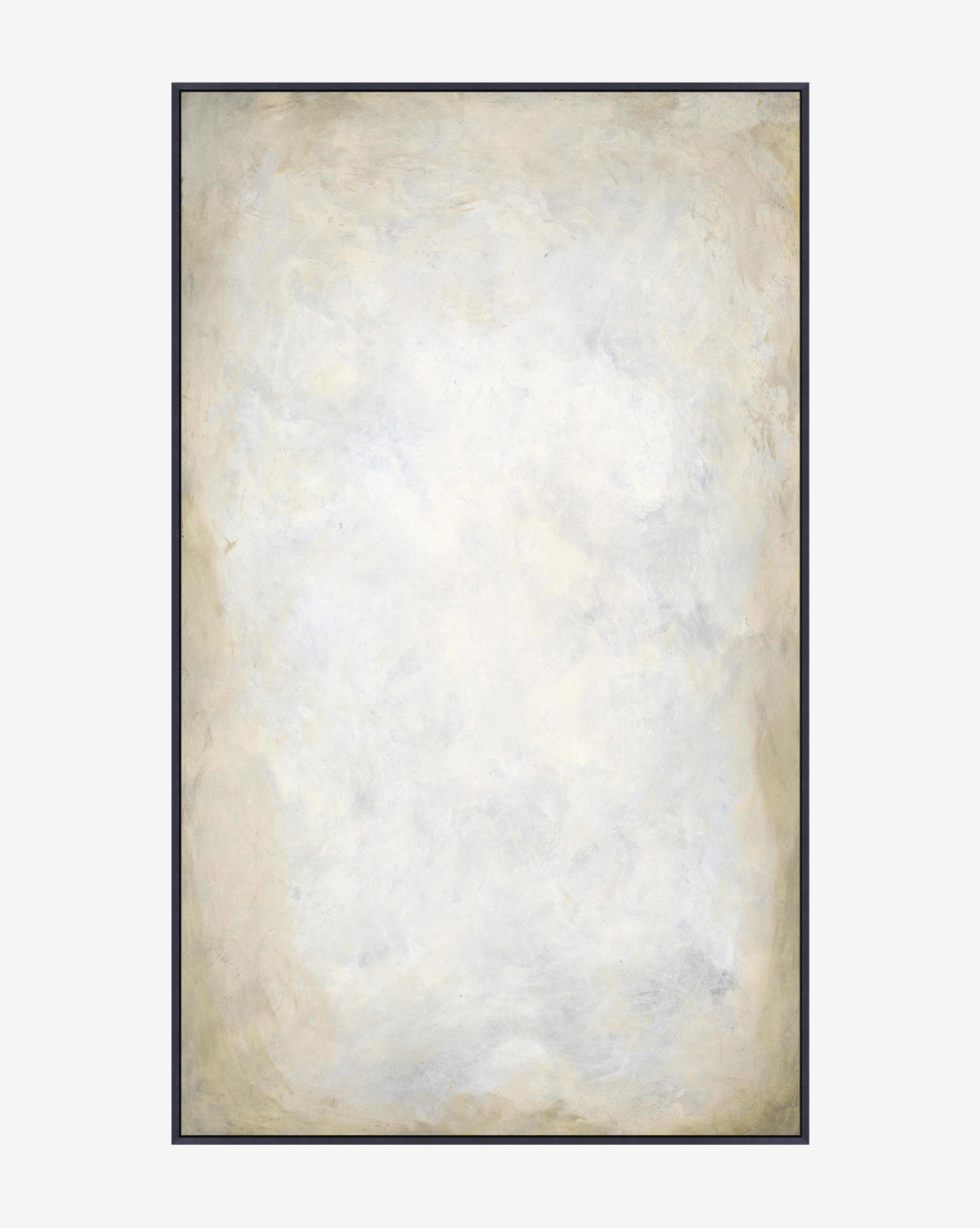 Heavens Unveiled is a minimalist abstract painting on gallery-wrapped canvas, showcasing soft blends of white, cream, and pale beige with subtle texture and darkened edges, all set in a thin black frame, by Vendixs