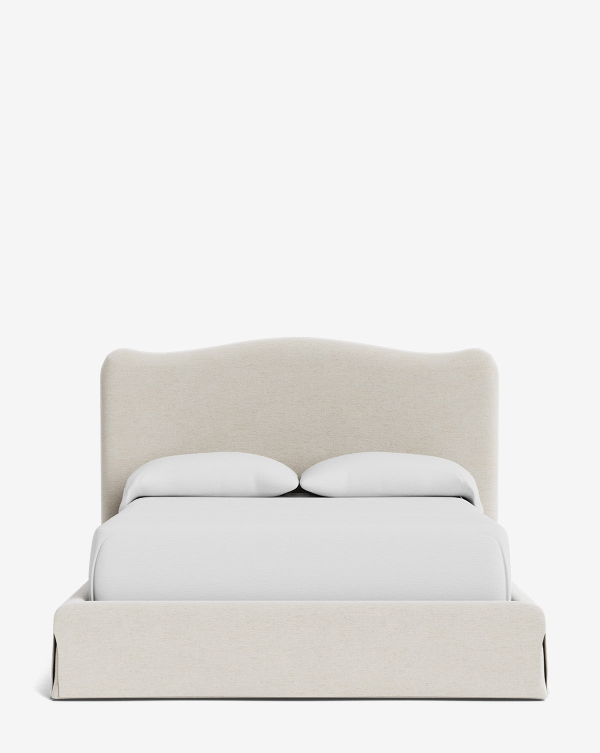 The Henrietta Bed by Makerspalm features a modern light beige upholstered frame, traditional curved headboard, and white bedding, displayed against a plain white background. Vendixs