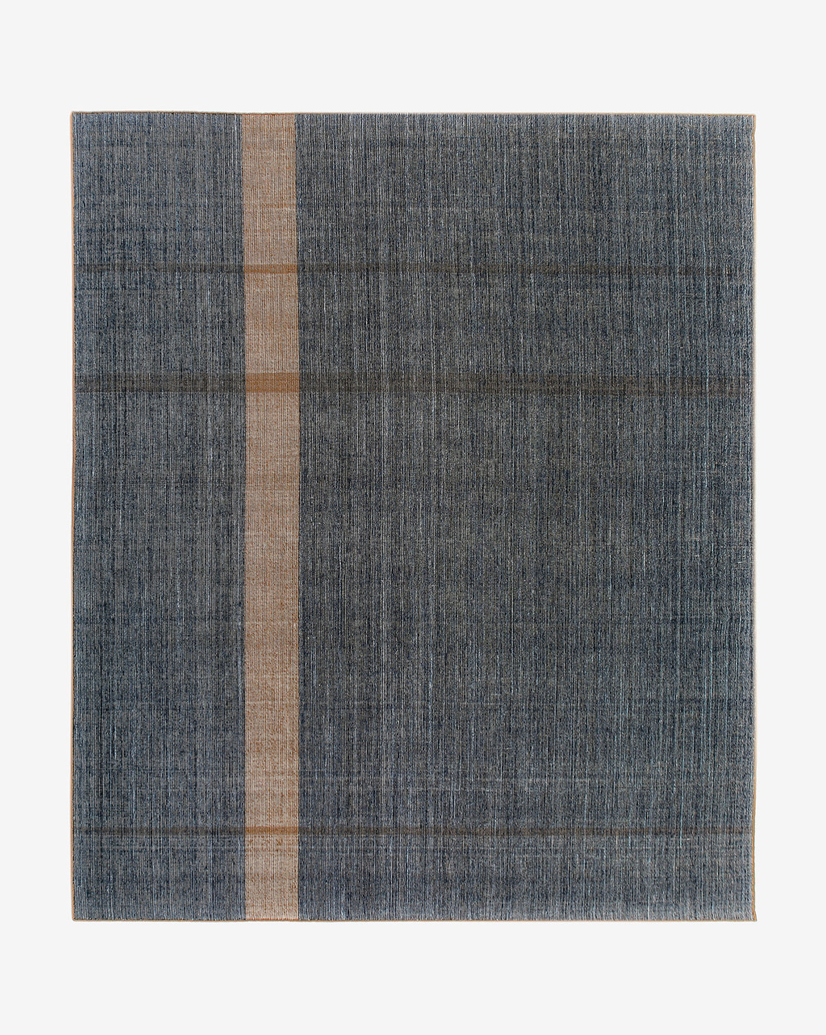 The Heriot Handwoven Indoor/Outdoor Rug features a rectangular, textured blue surface with a vertical beige stripe near the left edge and subtle woven lines. Its versatile design makes it ideal for both indoor and outdoor spaces, by Vendixs Background is plain white.