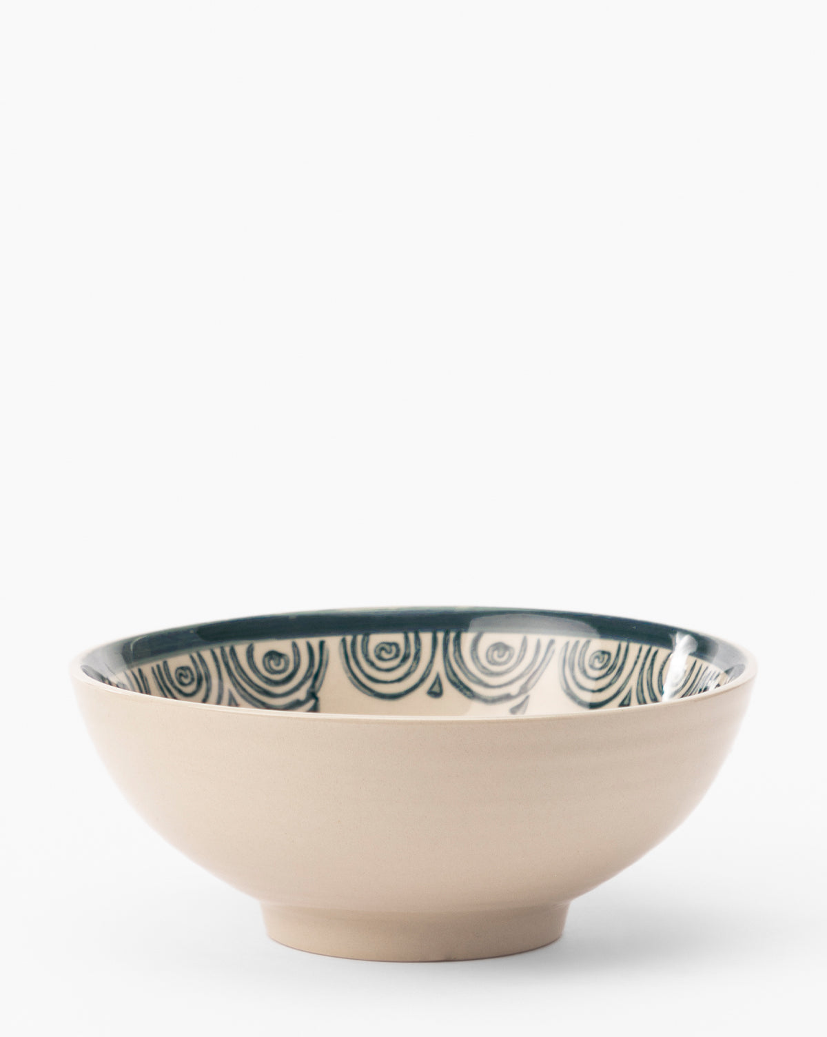 The Mattia Hand-Painted Bowl is a beige glazed stoneware piece with a circular base and wide rim, adorned with dark green hand-painted concentric semi-circles on the inner surface. Shown against a white background by Vendixs