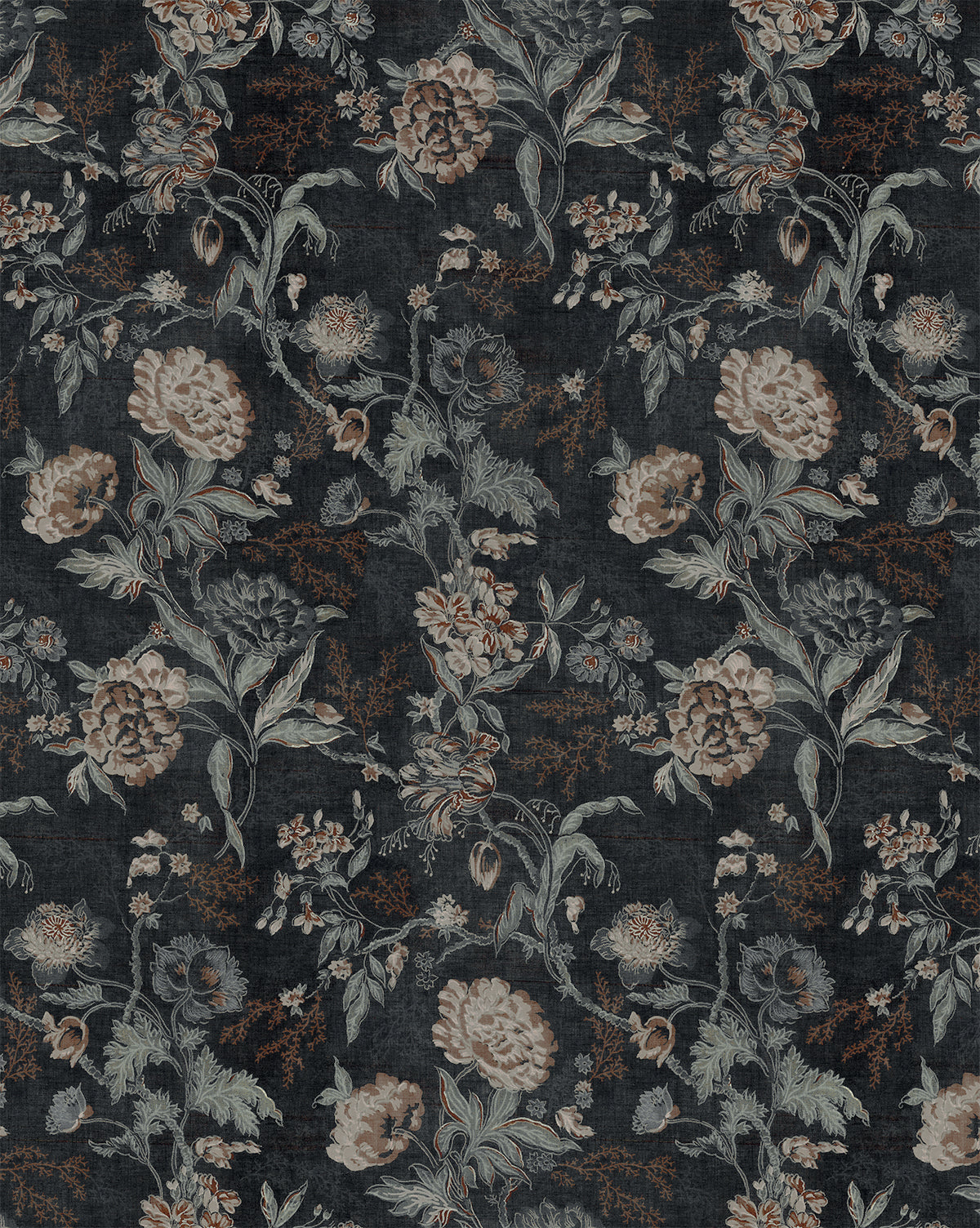 The Makerspalm Hestercombe Floral Wallpaper features a painterly floral design with muted beige, brown, and green flowers and leaves on a textured black background. Seamless repeats create an elegant vintage-inspired look by Vendixs