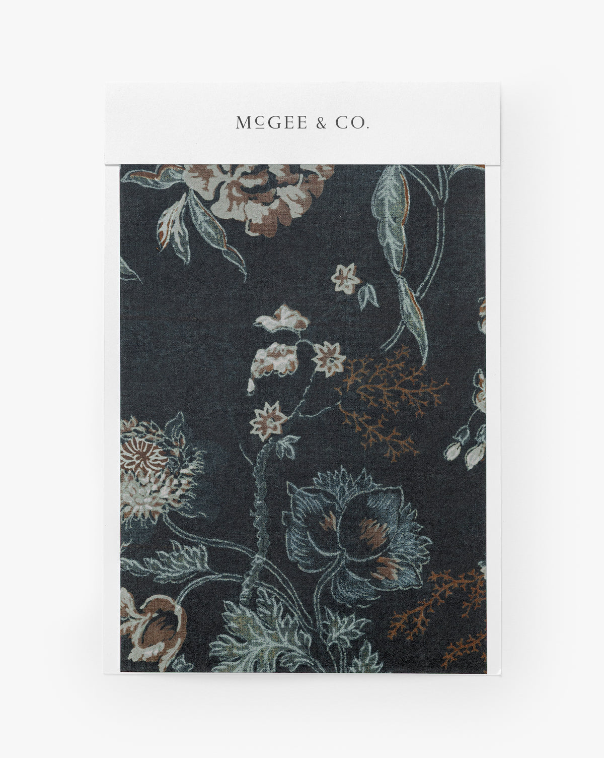 A sample Hestercombe Floral Wallpaper Swatch with a dark background and painterly floral design in muted beige, brown, green, and blue, displayed on a card labeled Vendixs at the top, by Vendixs