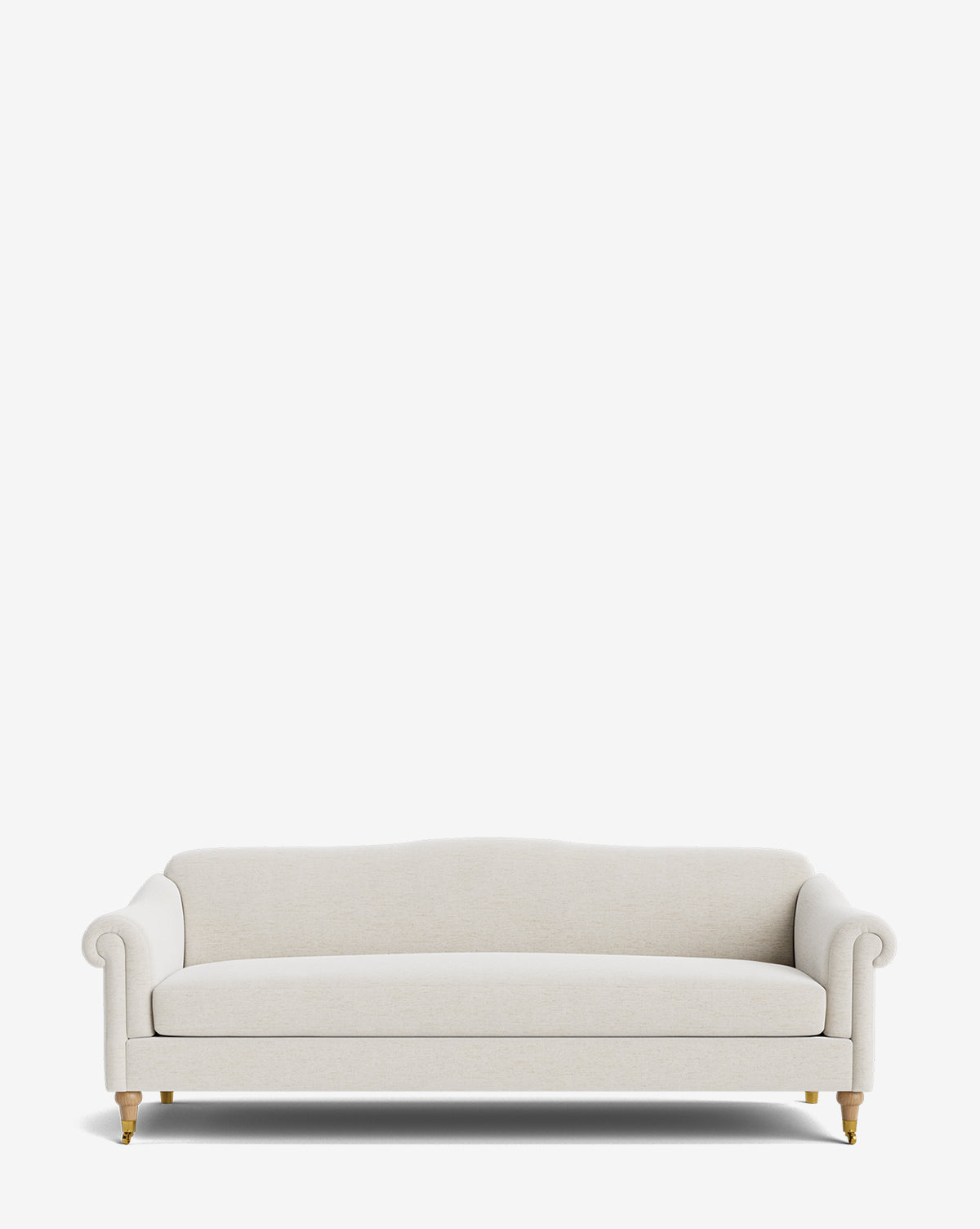 The Hildegard Sofa 90 in light beige features rolled arms and wooden legs—two with brass casters—set against a white background, blending classic handcrafted style with comfort, by Vendixs