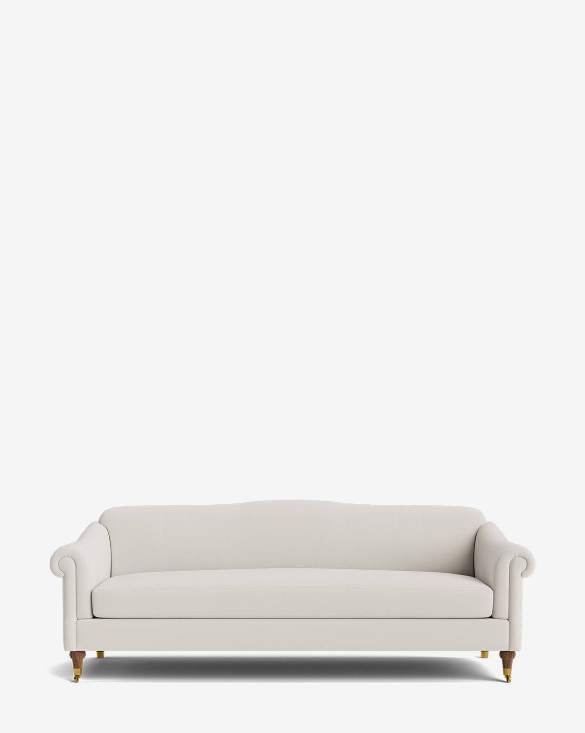 The Hildegard Sofa 90 is a white upholstered, handcrafted sofa with rolled arms and wooden legs, shown from the front against a plain white background by Vendixs