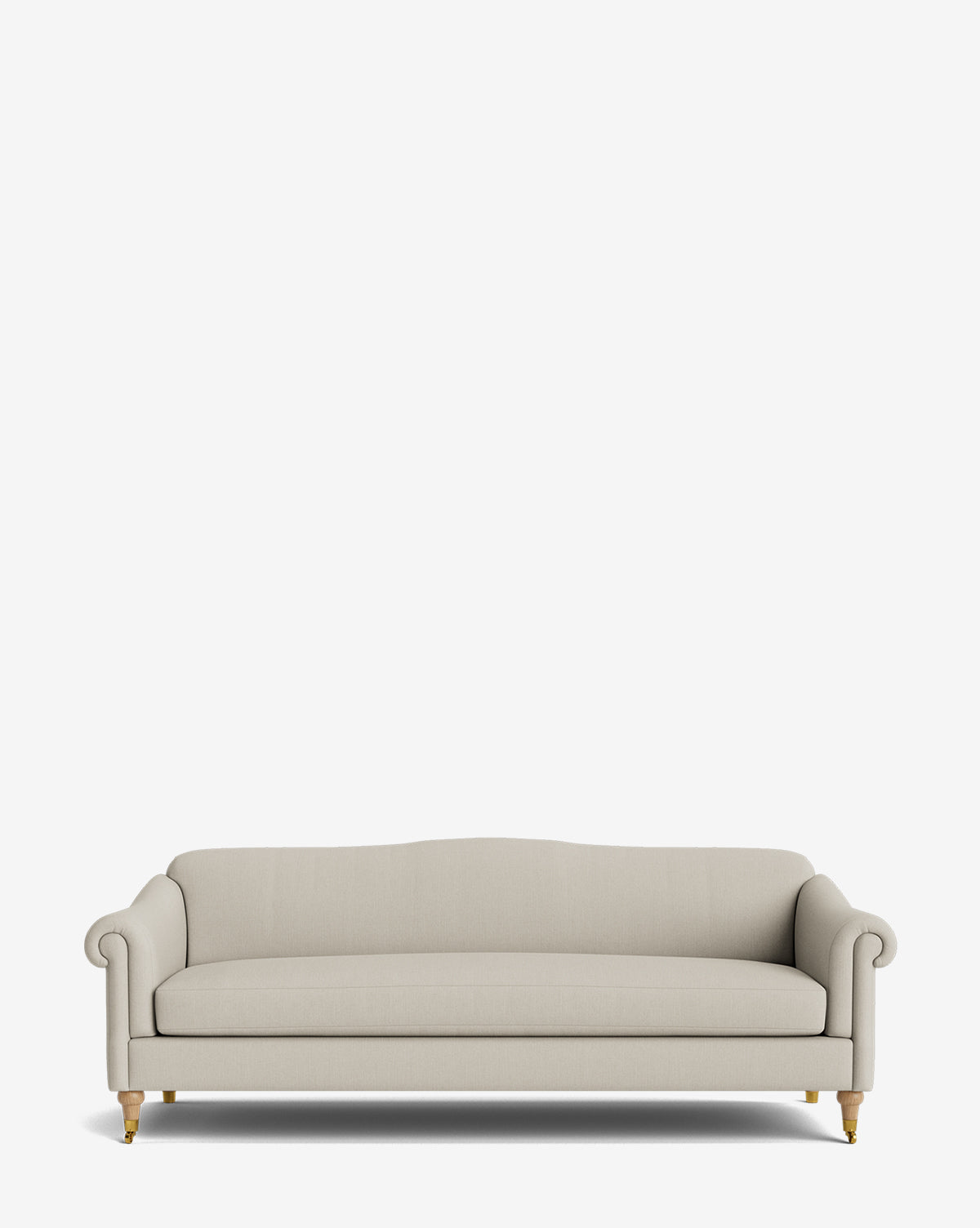 The Hildegard Sofa 90 is a light beige, handcrafted piece with rolled arms, a curved backrest, and wooden legs on small casters, displayed against a plain white background by Vendixs