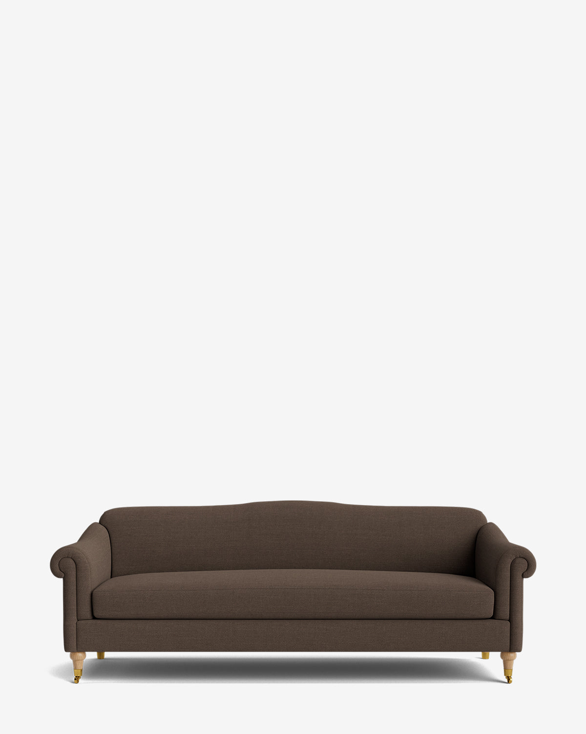 The Hildegard Sofa 90 is a brown, upholstered, handcrafted sofa featuring rolled arms, a straight back, and wooden legs with brass casters, shown against a plain white background by Vendixs