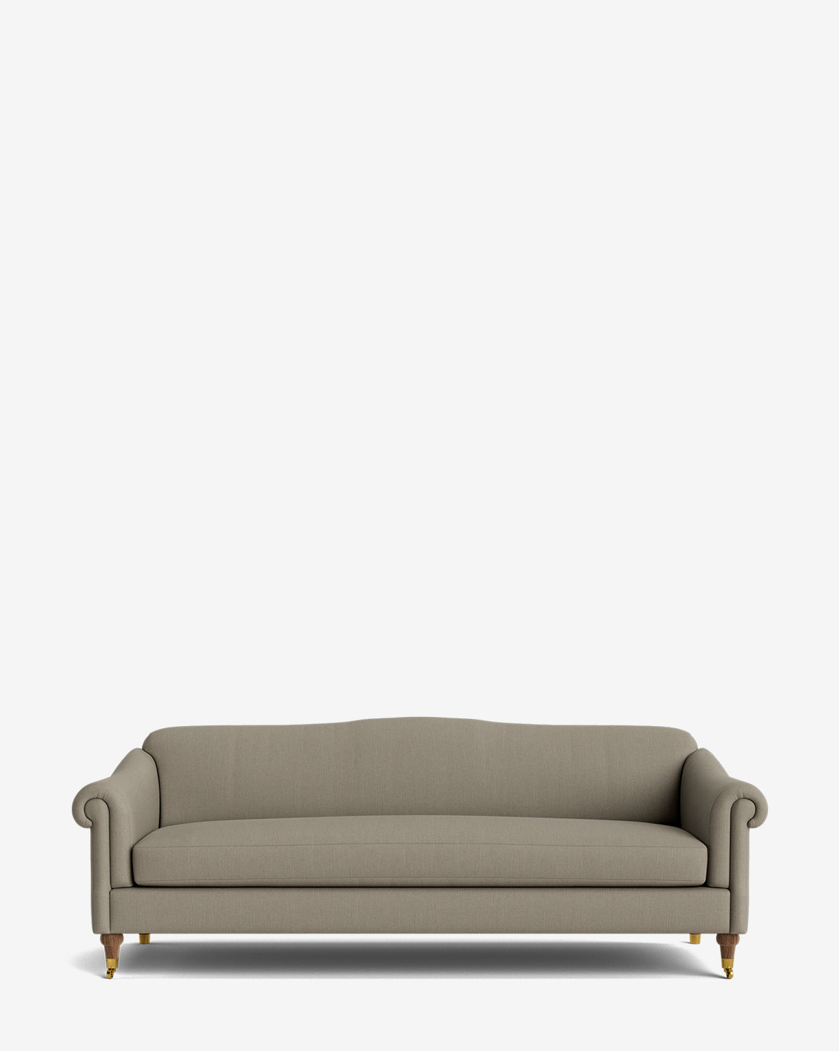 The Hildegard Sofa 90 is a light gray upholstered, handcrafted piece featuring rolled arms, wooden legs, and a curved backrest, displayed against a plain white background by Vendixs