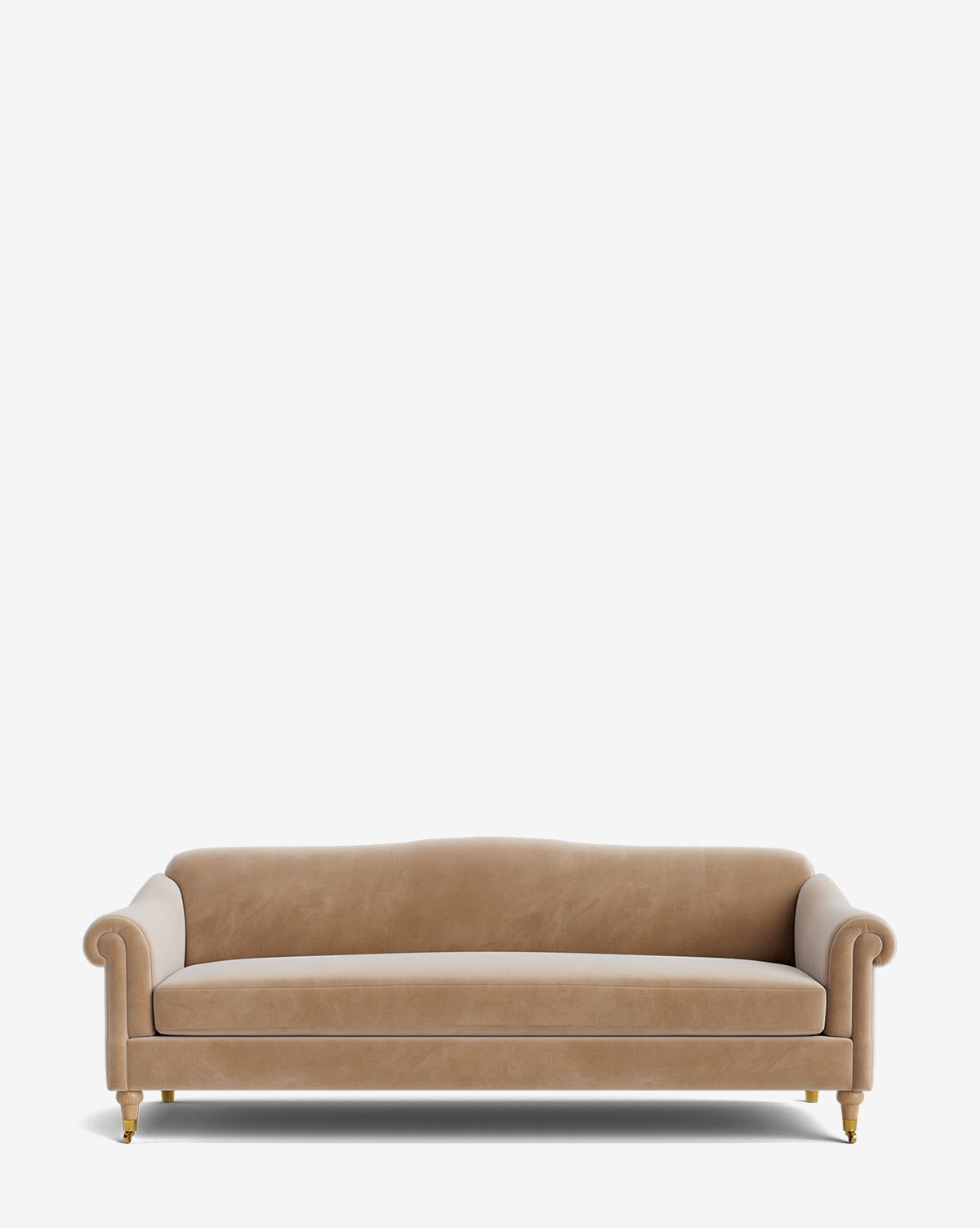 The Hildegard Sofa 90 features tan upholstery, rolled arms, a curved backrest, and gold-tipped wooden legs—an elegant handcrafted piece set against a plain white background, by Vendixs