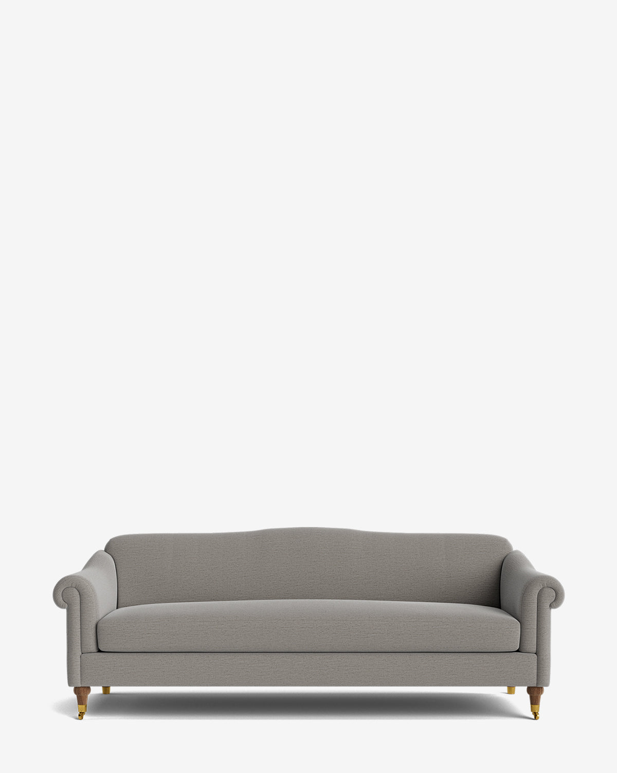 The Hildegard Sofa 90 is a modern light gray upholstered piece with rolled arms, a low backrest, and wooden legs with brass casters, beautifully handcrafted to stand out against a plain white background, by Vendixs