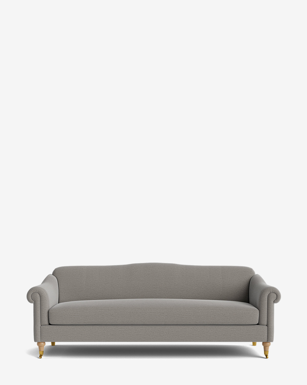 The Hildegard Sofa 90 is a gray upholstered, handcrafted sofa featuring rolled arms, a curved backrest, and wooden legs with brass casters, shown against a plain white background by Vendixs