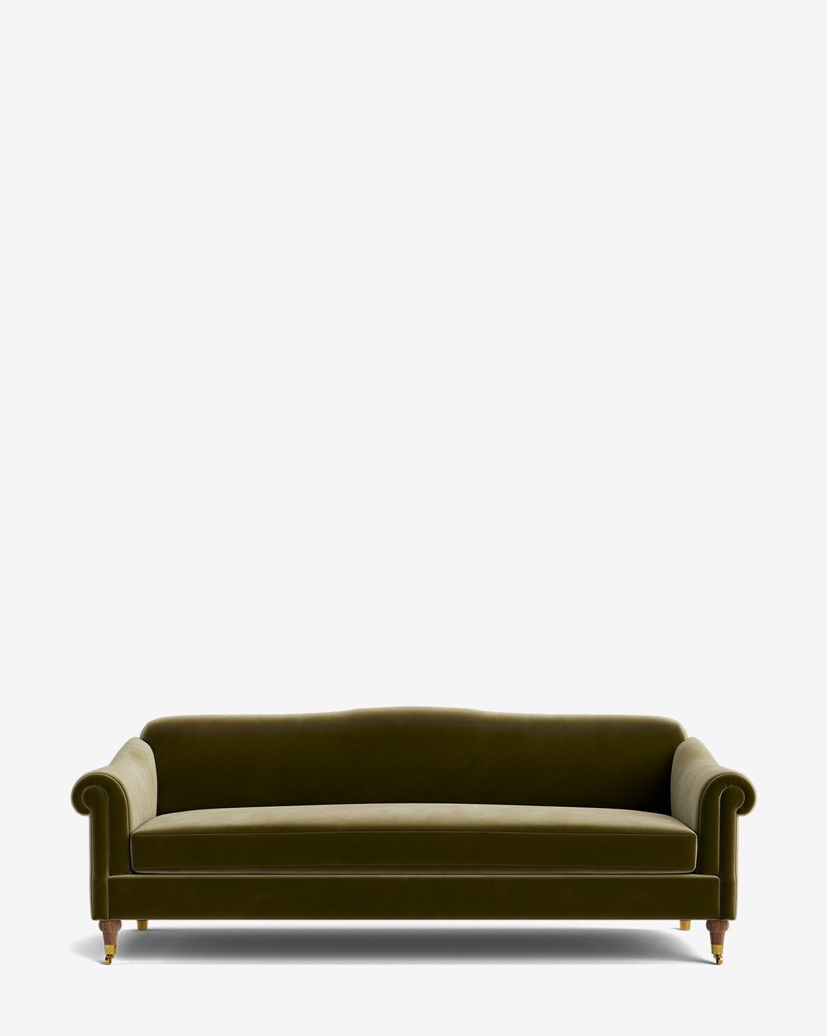 The Hildegard Sofa 90 features green velvet upholstery, rolled arms, a curved backrest, and wooden legs with brass casters, shown against a plain white background, by Vendixs