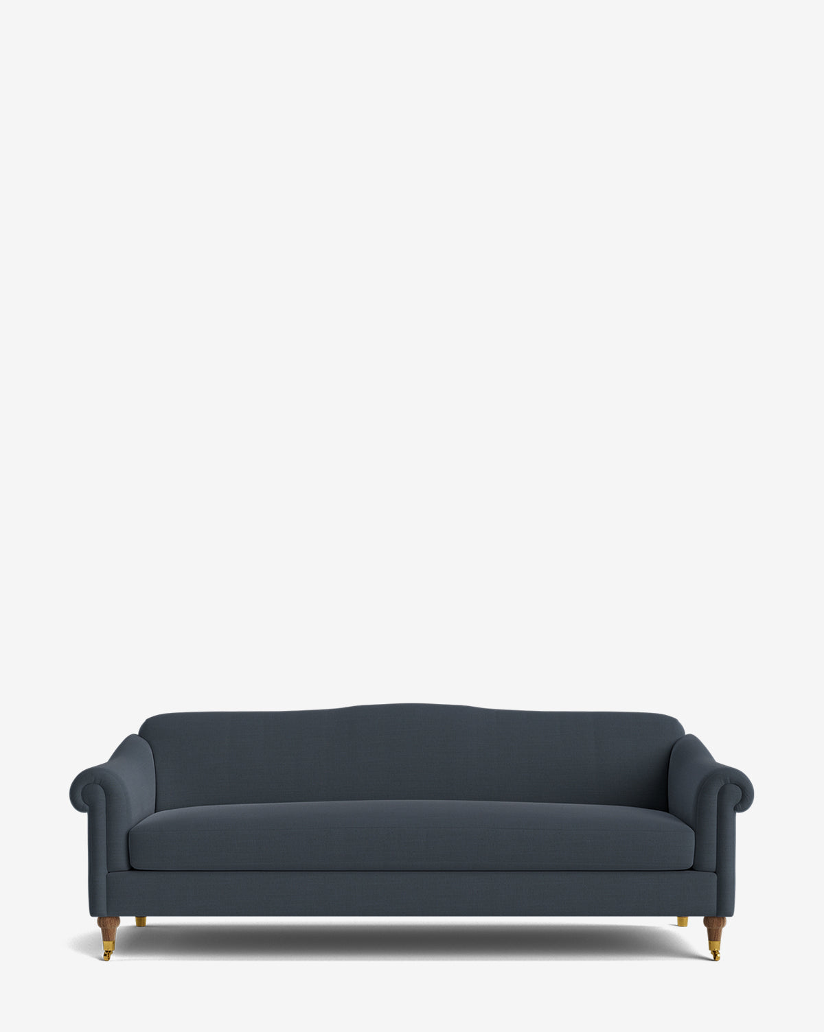 A dark blue upholstered Hildegard Sofa 90 with rolled arms and wooden legs, set against a plain white background, by Vendixs
