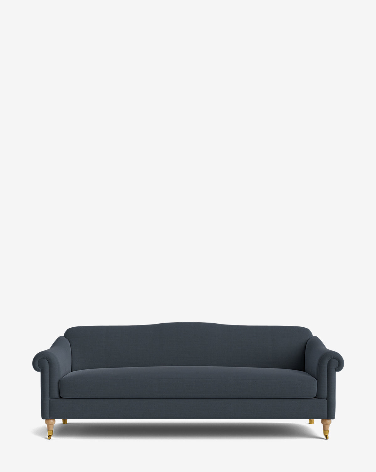 The Hildegard Sofa 90 is a dark blue, handcrafted sofa featuring rolled arms, a slightly curved backrest, and wooden legs with brass casters, shown against a plain white background by Vendixs
