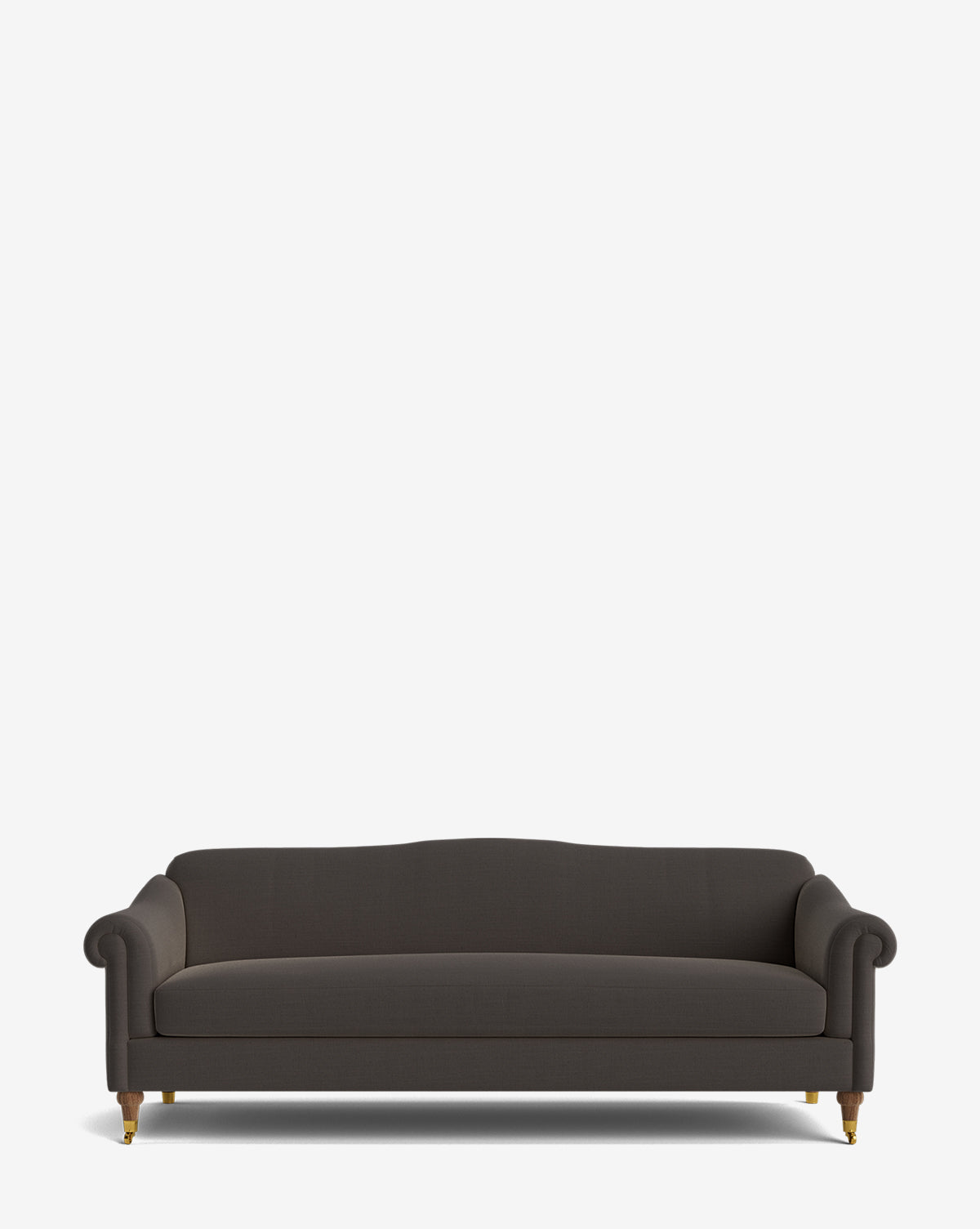 The Hildegard Sofa 90 is a dark gray, three-seater sofa with rolled arms, a curved backrest, and wooden legs with brass casters, shown against a plain white background by Vendixs