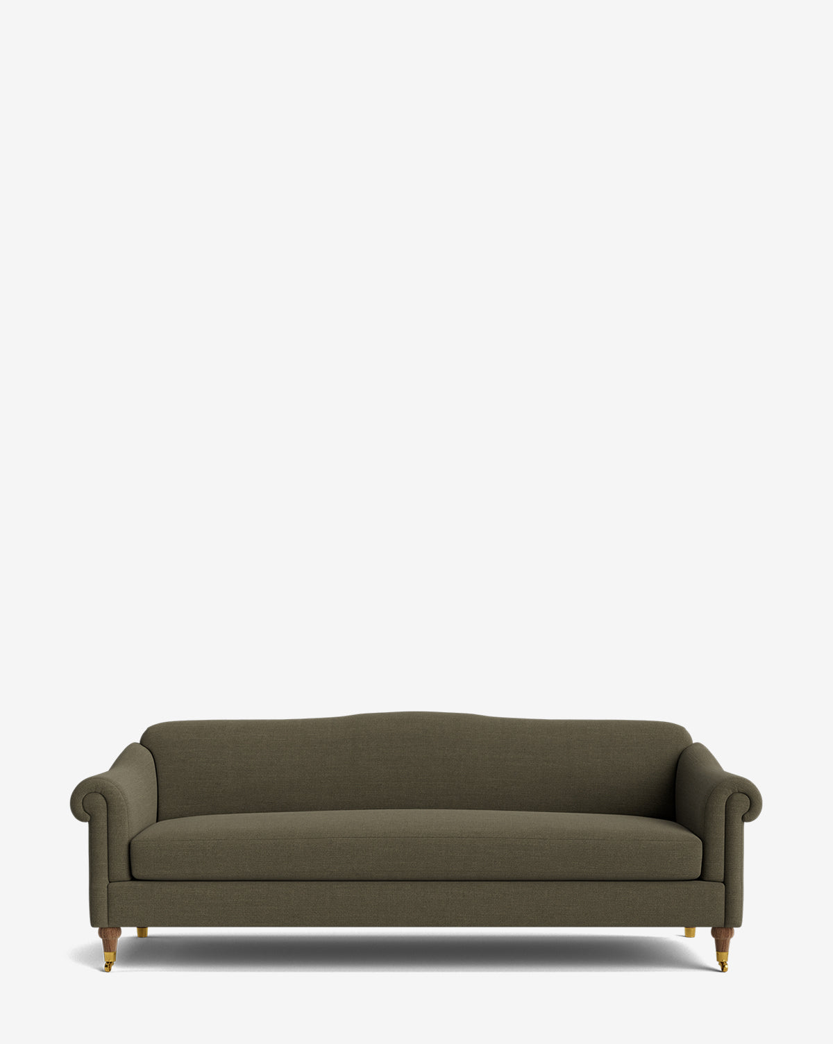 The Hildegard Sofa 90, a dark olive green three-seater with rolled arms, wooden legs, and a minimalist classic design, is centered against a plain white background. This handcrafted piece brings timeless elegance to any space, by Vendixs