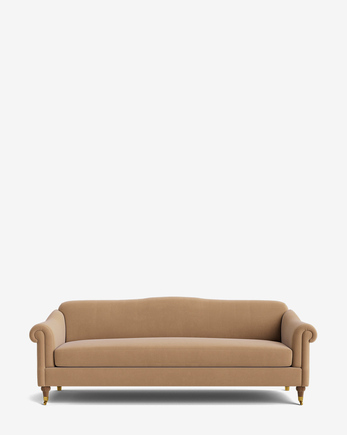 The Hildegard Sofa 90 is a tan upholstered, handcrafted sofa featuring rolled arms, a straight back, and brass-capped wooden legs, displayed against a plain white background by Vendixs