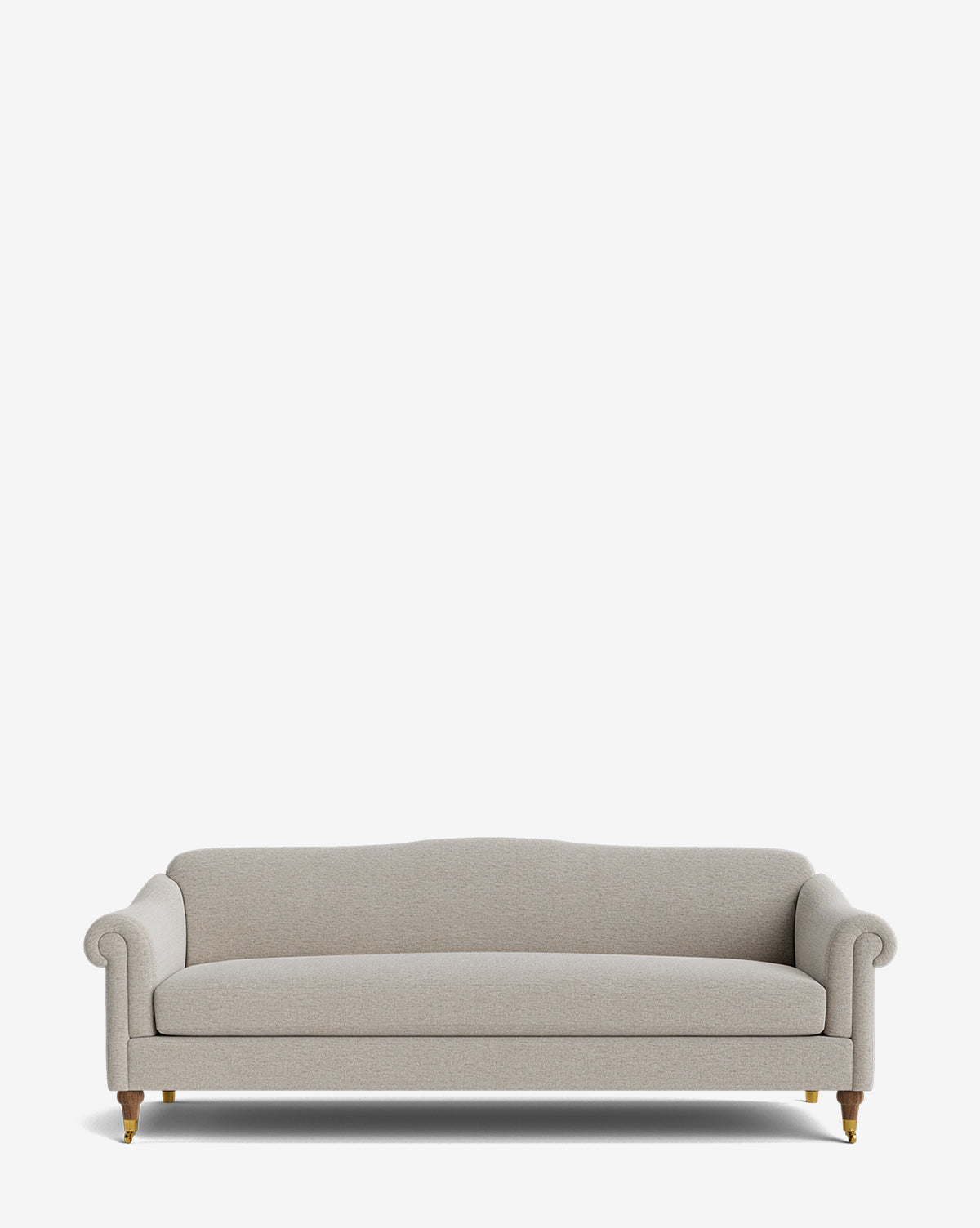 The Hildegard Sofa 90 is a light gray upholstered, handcrafted sofa featuring rolled arms, a curved backrest, and wooden legs with gold-colored caps, shown against a plain white background by Vendixs