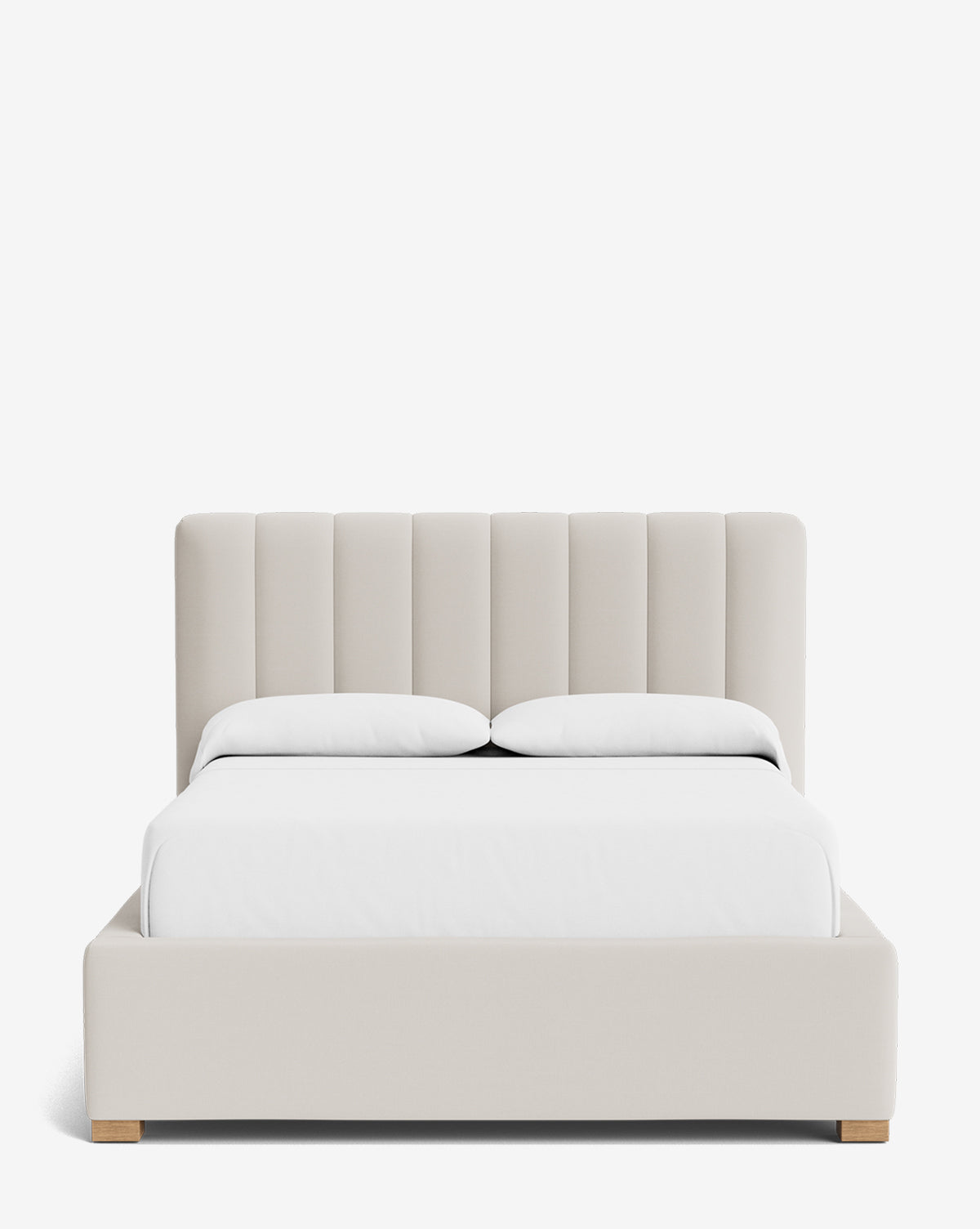 A modern, beige Hoffman Bed Low Headboard with a low upholstered frame, styled with white bedding and two pillows, set against a plain white background, by McGee & Co.