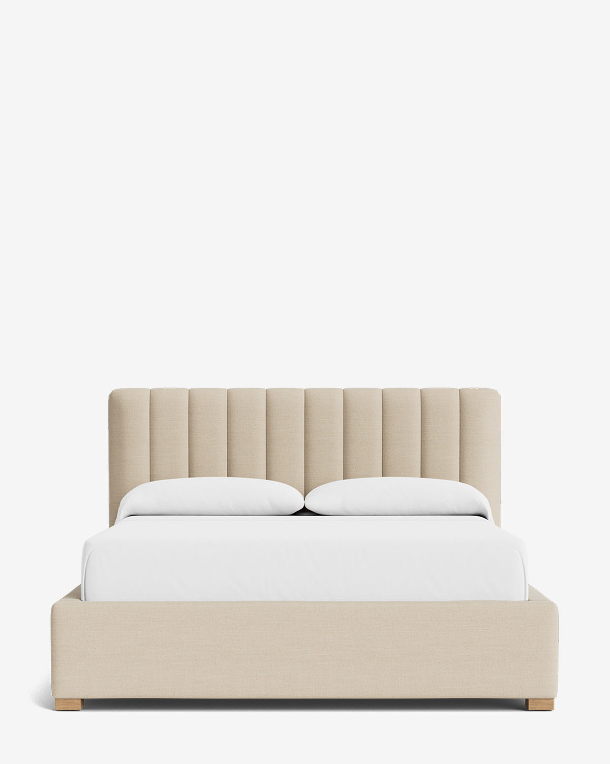 The Hoffman Bed Low Headboard features a customizable beige upholstered headboard, white bedding, and two pillows, shown from the front against a plain white background, by Vendixs
