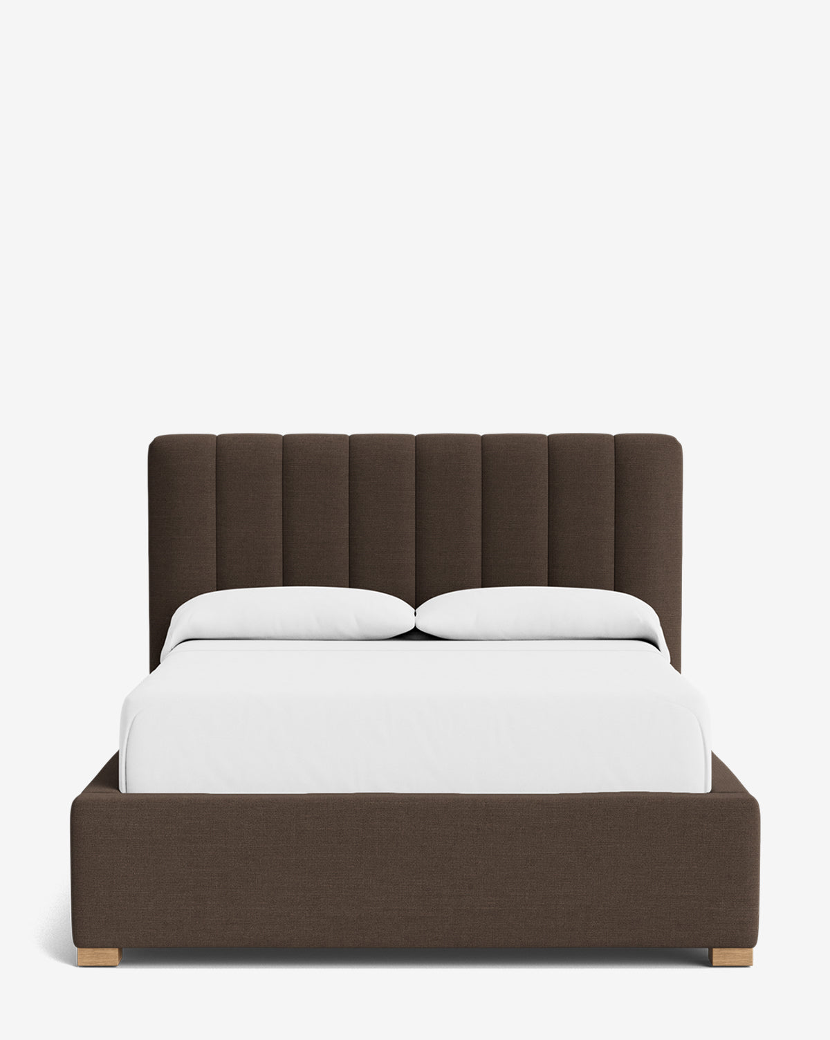 The Hoffman Bed Low Headboard, featuring a modern dark brown upholstered frame and a customizable low headboard, is neatly made with white bedding and two pillows, set against a plain white background, by Vendixs