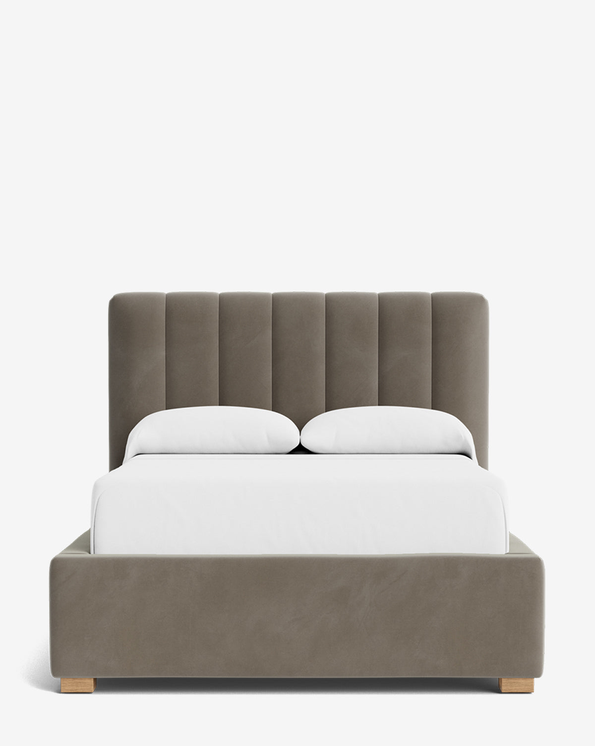 The Hoffman Bed Low Headboard features a modern design with a customizable gray upholstered headboard, white bedding, two pillows, and wooden block legs on a plain white background, by McGee & Co.
