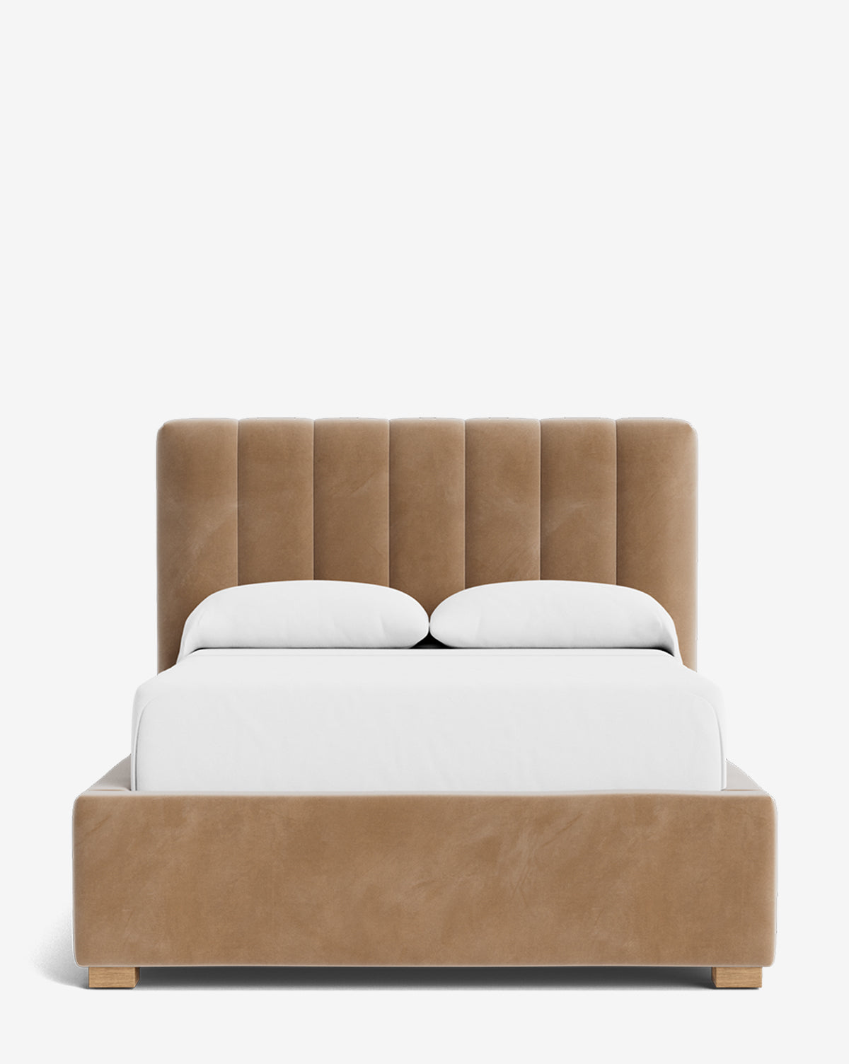 A modern Hoffman Bed Low Headboard with a vertically paneled tan suede frame, light wooden legs, and low customizable headboard, finished with two white pillows and a white comforter, by McGee & Co.