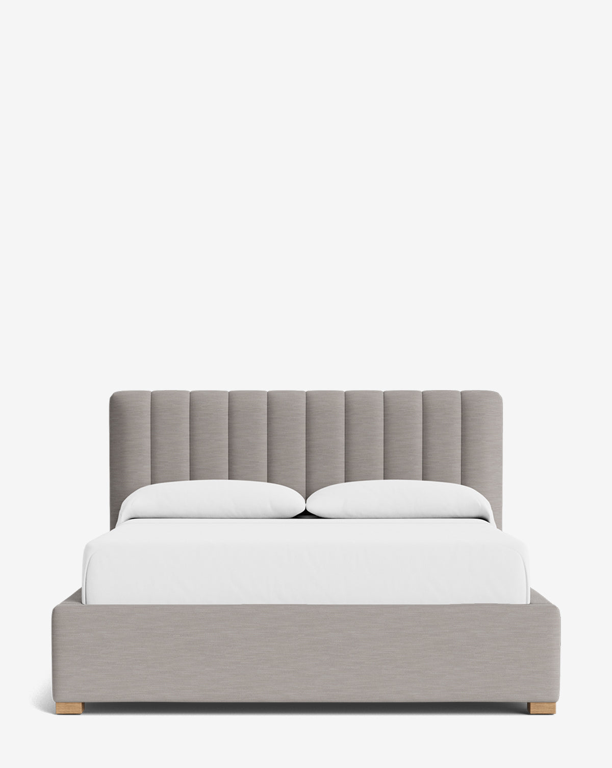 The Hoffman Bed Low Headboard features a modern design with light gray upholstery, neatly made with white bedding and pillows, and is photographed against a plain white background, by McGee & Co.