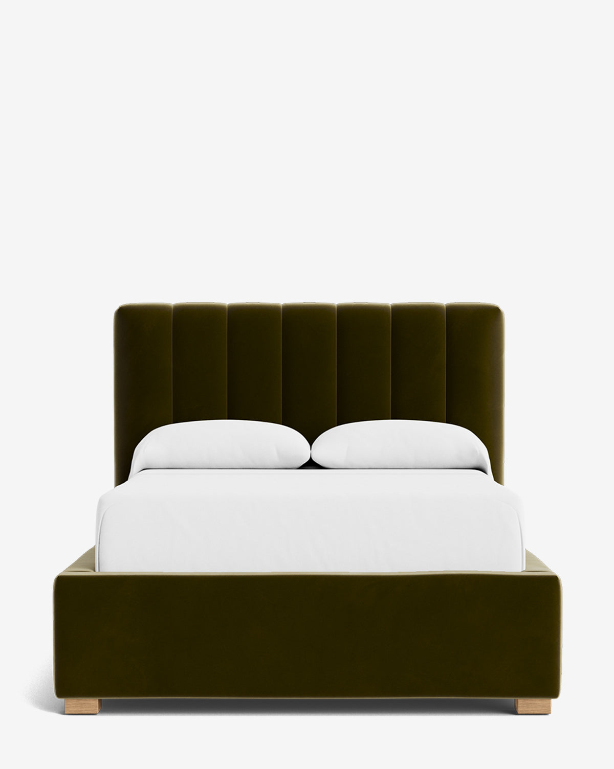 The Hoffman Bed Low Headboard features a modern dark green velvet frame with a customizable, vertically paneled headboard, shown with a neatly made white mattress and two white pillows against a plain white background, by Vendixs