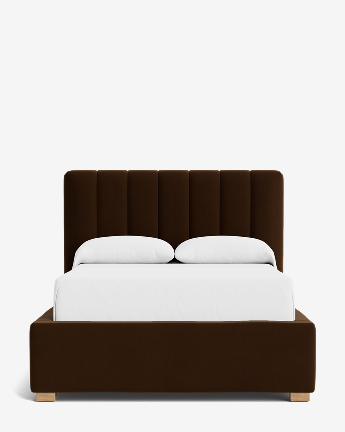 The Hoffman Bed Low Headboard is a modern dark brown upholstered bed with a low, customizable headboard, white bedding, and two pillows, displayed against a plain white background, by Vendixs