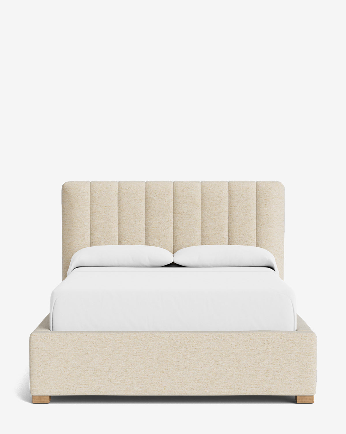 The Hoffman Bed Low Headboard features a light beige, vertically paneled upholstered headboard and base with white bedding and two pillows, shown against a white background. Customize the headboard to personalize your bedroom decor, by Vendixs