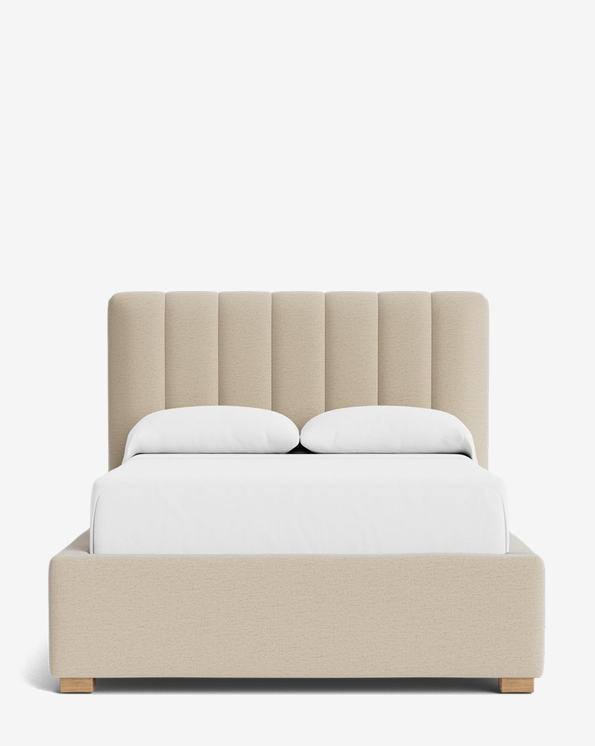 The Hoffman Bed Low Headboard features a beige upholstered frame with a low, customizable headboard in vertical panels, complemented by white bedding and two pillows against a plain white background, by McGee & Co.