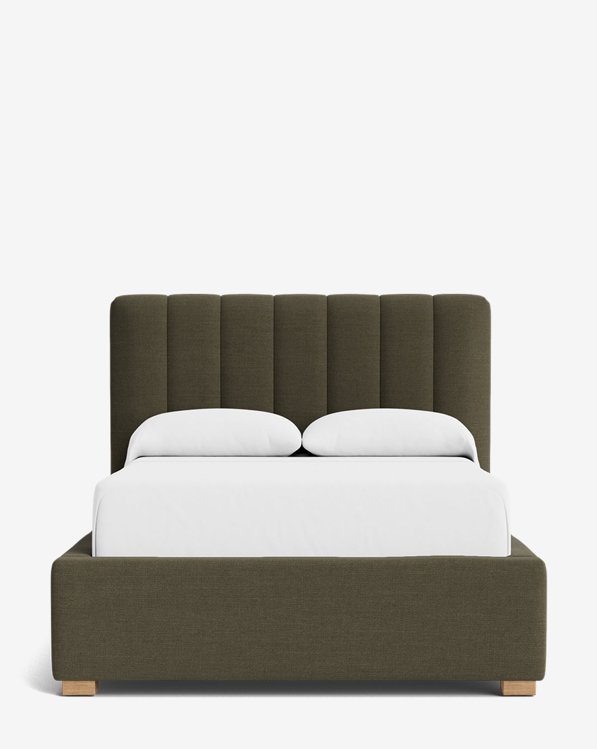 The Hoffman Bed Low Headboard features a dark olive green upholstered frame, crisp white bedding, and two pillows, all set against a plain white background, by McGee & Co.