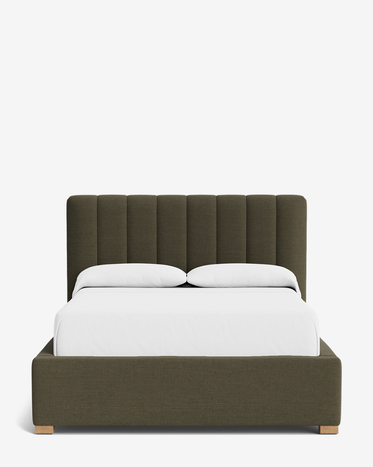 The Hoffman Bed Low Headboard is a modern upholstered bed with an olive green customizable headboard featuring vertical tufting, styled with white pillows and bedding against a plain white background, by Vendixs