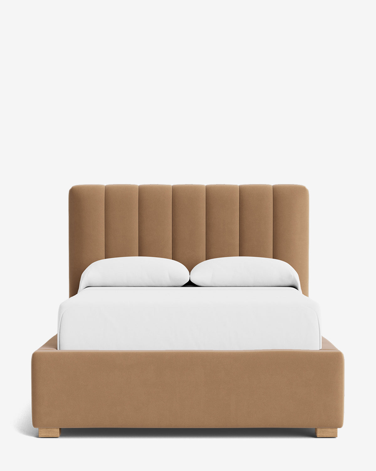 The Hoffman Bed Low Headboard features a tan upholstered frame and customizable vertical channels, shown neatly made with white bedding and two pillows against a plain white background, by Vendixs