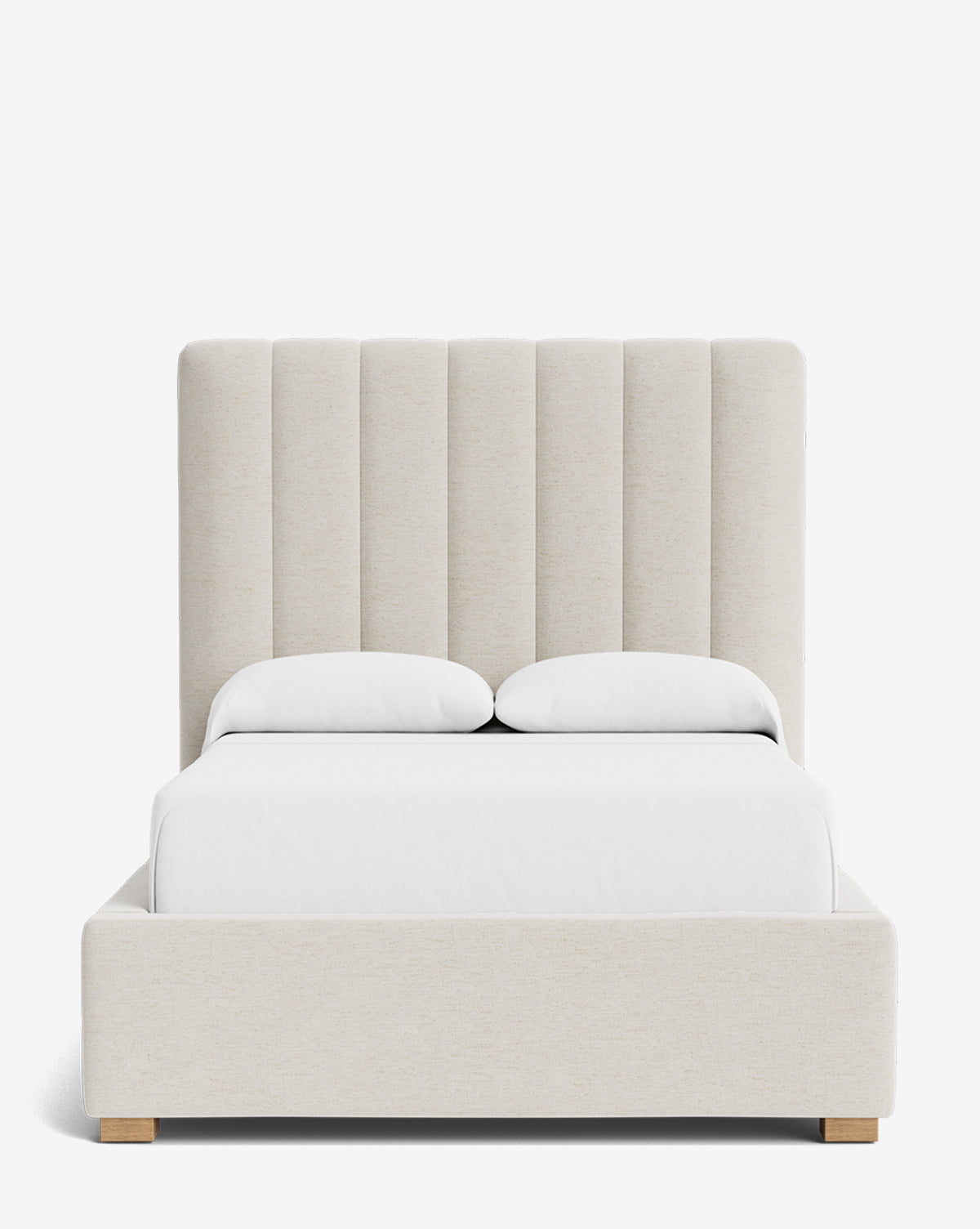 The Hoffman Bed Tall Headboard features a modern, beige vertically paneled upholstered headboard, low-profile frame, and white bedding with two pillows. Shown on a plain white background. Customizable fabrics available by Vendixs