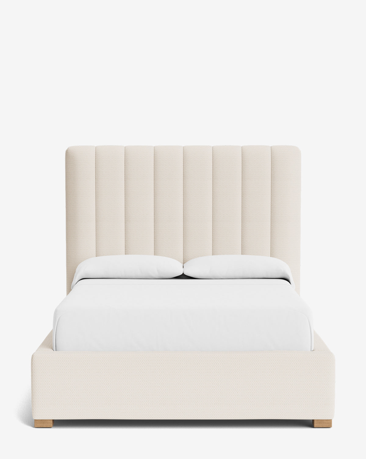 The Hoffman Bed Tall Headboard features a tall, vertically paneled headboard and customizable fabrics. Shown with white bedding and two pillows on a plain white background, it brings understated elegance to any bedroom by Vendixs